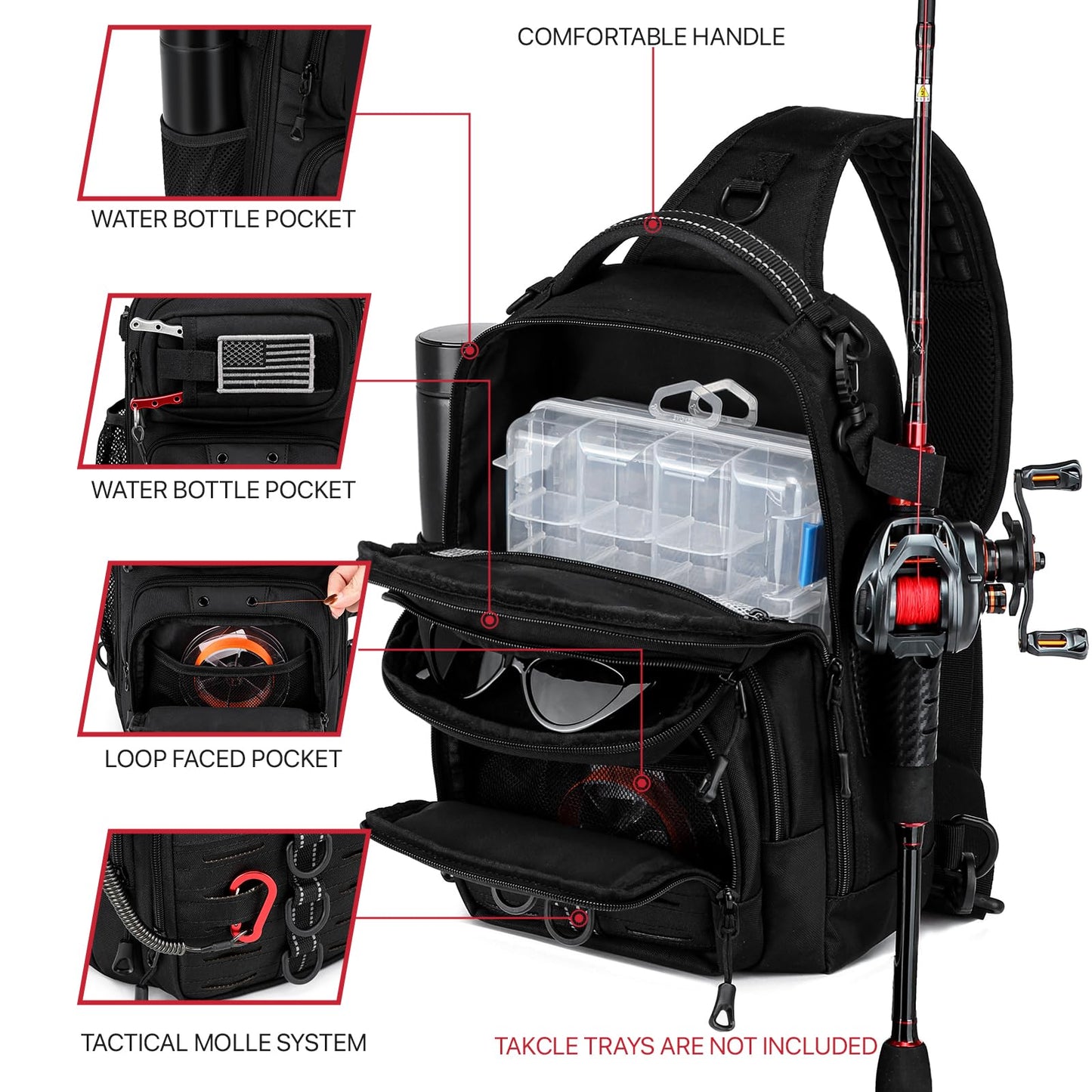 oinitiry Fishing Sling Bag, Fishing Bag With Rod Holder Fixed Stickers, MOLLE System, Soft Bait & Gear Storage, Gift for Men Black