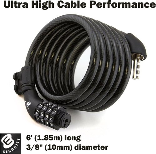 Etronic Bike Lock M6 - 6 Feet Long Coiled Security Cable Lock with Resettable Combo | Mounting Bracket Included