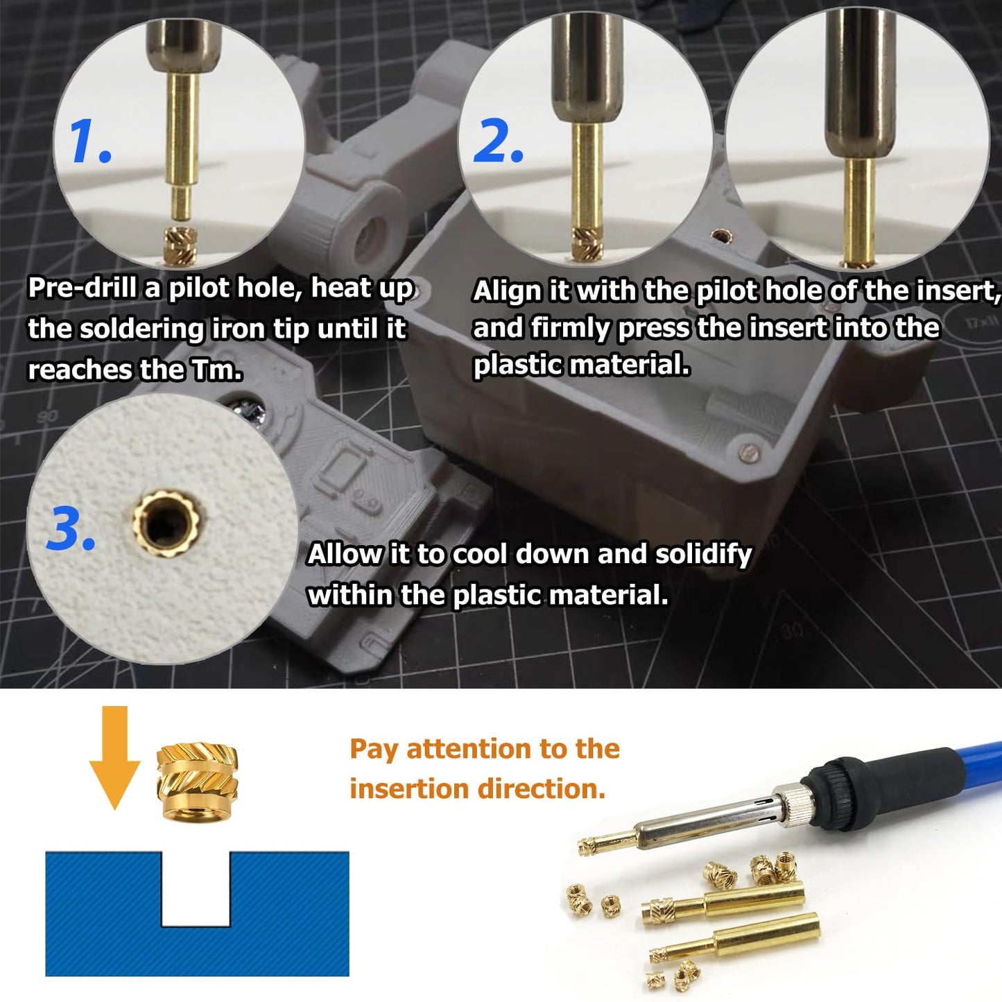 QSJ 300Pcs Threaded Inserts Set with Soldering Iron Tip Brass Heat Set Insert M2.5 M3 M4 Insert Nut for 3D Printed Plastic Materials
