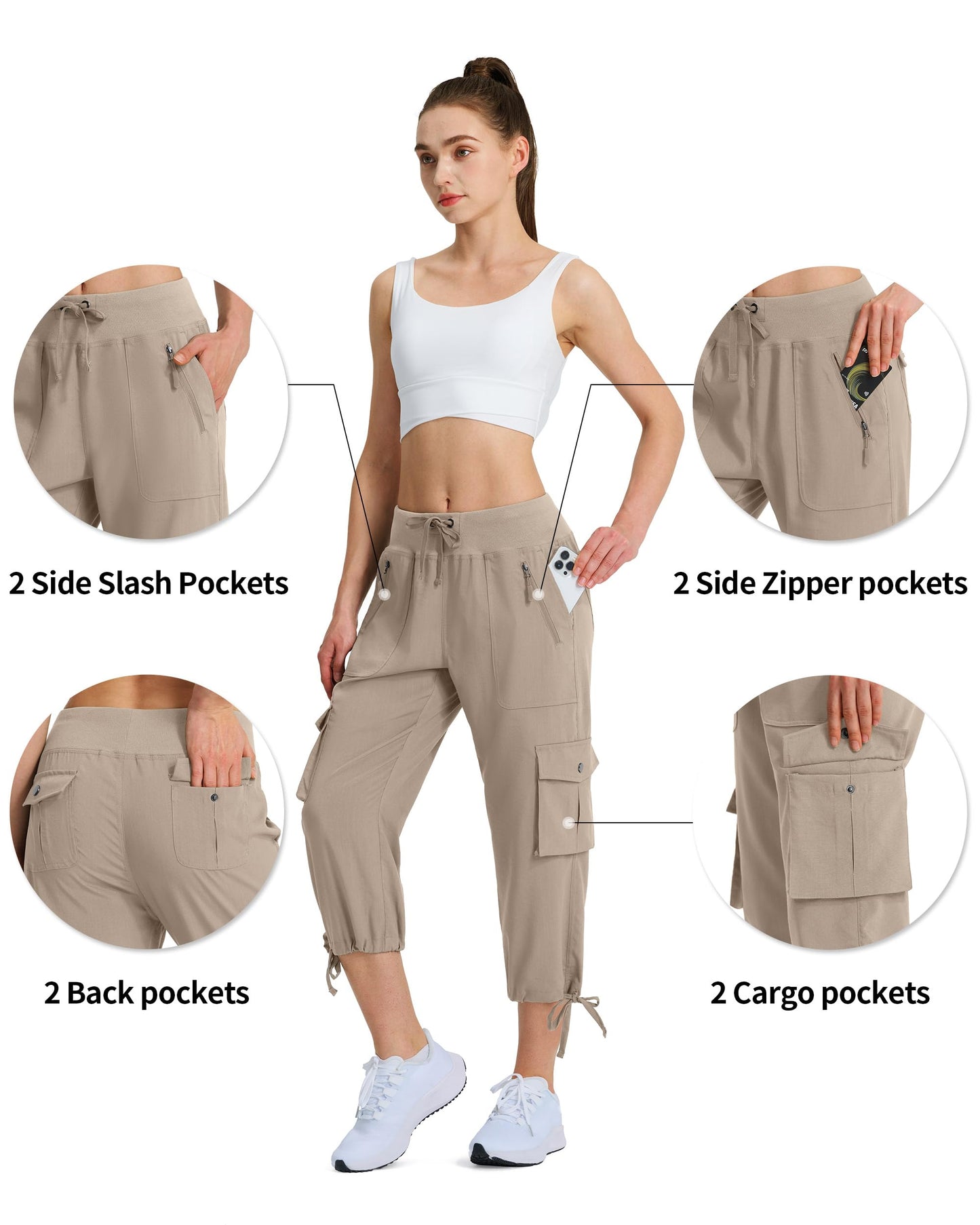 Ksmien Women's Hiking Capris Quick Dry Lightweight Ladies Summer Cargo Pants 8 Pockets for Travel Camping Khaki