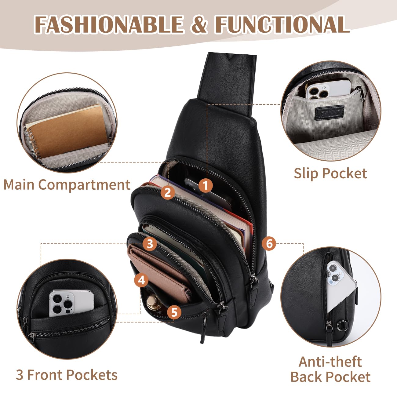RAVUO Sling Bag, PU Leather Crossbody Backpack for Women Men Casual Hiking Daypack Multipurpose Chest Bag for Work College Black