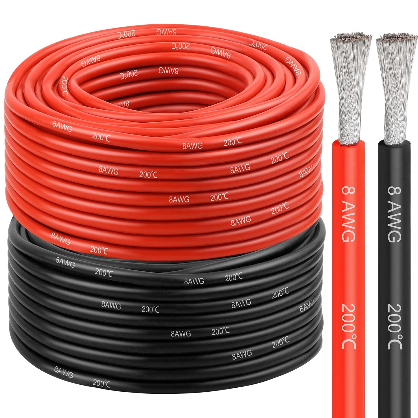 8 Gauge Silicone Wire (2 PCS) 50 FT Red + 50 FT Black Tinned Copper Core, Flexible 8 AWG High Temp Wire for Battery, Automotive, Solar, RC Car, Drones etc.