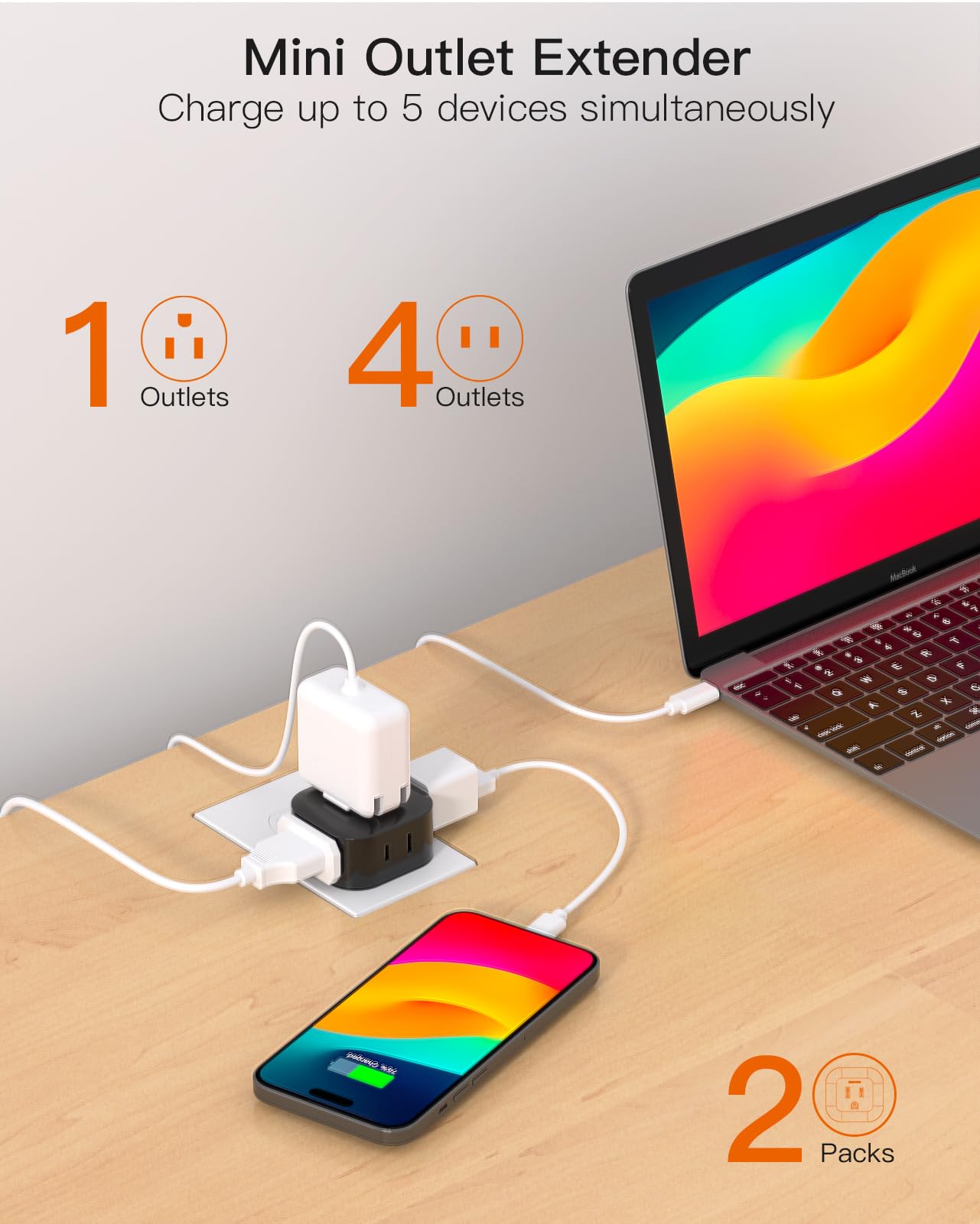 Black Multi Plug Outlet Extender 2 Pack, Wall Outlet Splitter with 5 Wall Outlets, Small Multiple Plug Extender, Cruise Essentials, Plug Adapter No Surge Protector for Cruise Ship Home Office Dorm