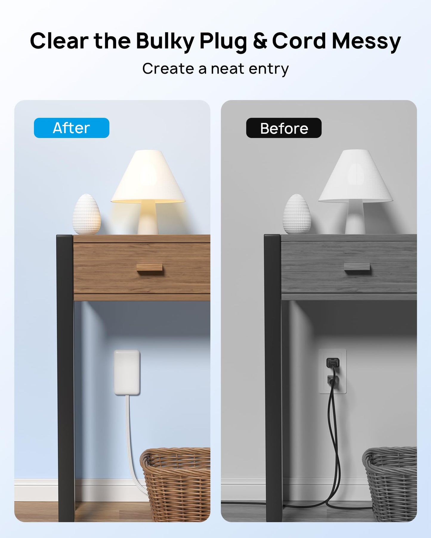 TROND Flat Power Strip with Outlet Cover, 3 AC Widely Spaced Wall USB Plug Extender, 5FT Extendable Outlet Extension Cord, Wall Mount Behind TV, Hidden Under in-Drawer Desk Cabinet Vanity Counter