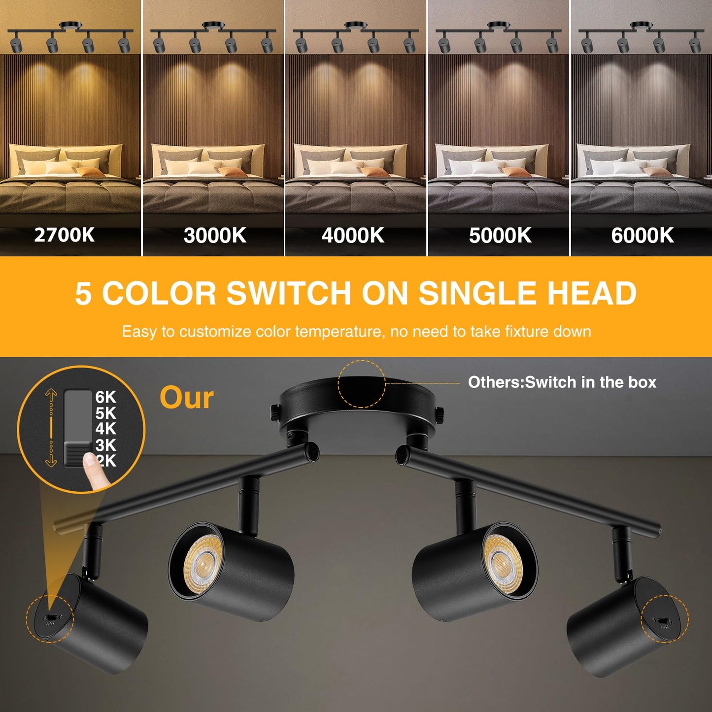 VANoopee 5-Color 4 Light Black LED Track Lighting Fixtures Ceiling for Kitchen, Dimmable Track Lighting Kit, Ceiling Spotlight Flush Mount Adjustable Directional Spot Lights Indoor, CRI90 2400lm 30W