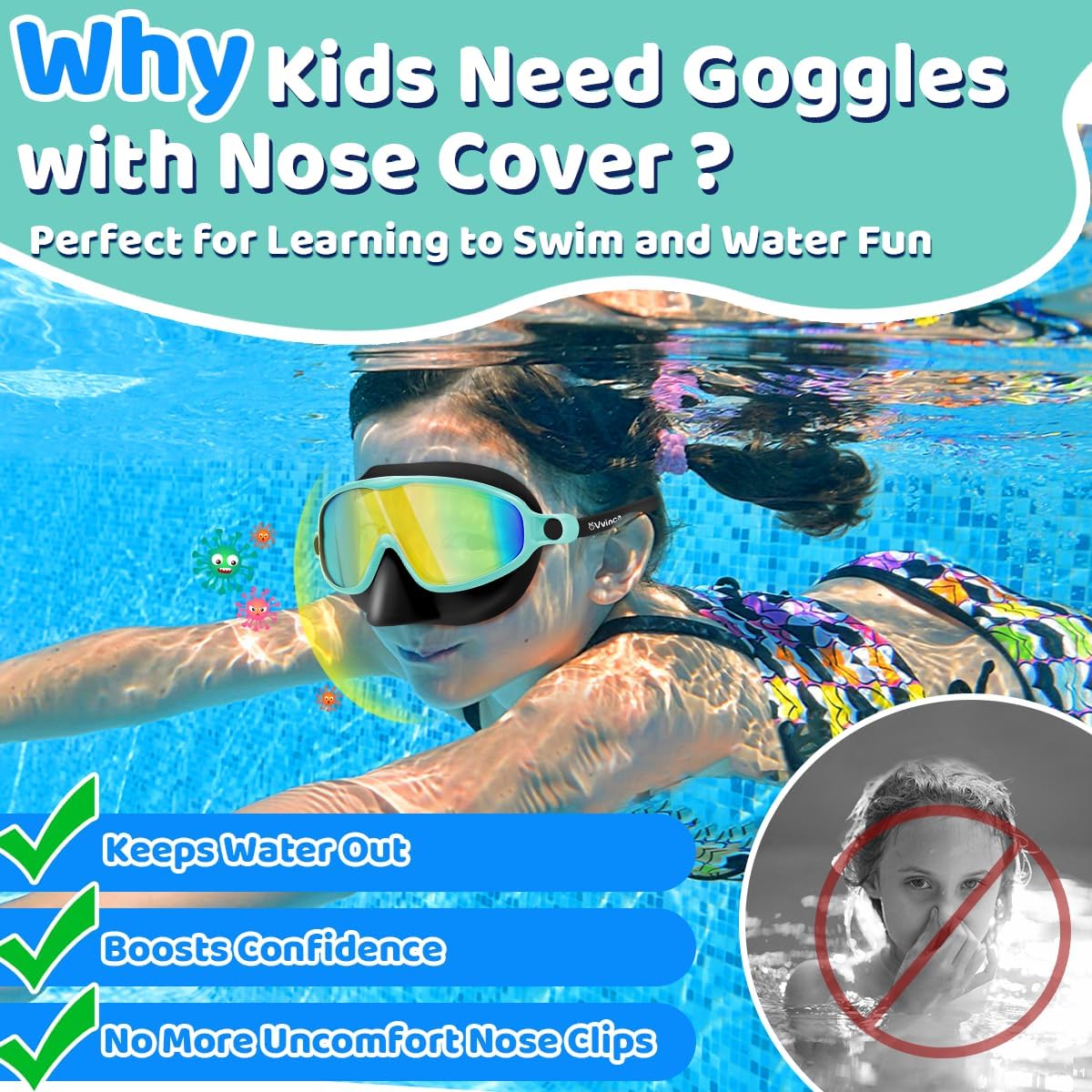 Vvinca Swim Goggles - Anti-Fog Wide View Diving Mask with Nose Cover | 2-Pack for Kids Ages 3-15