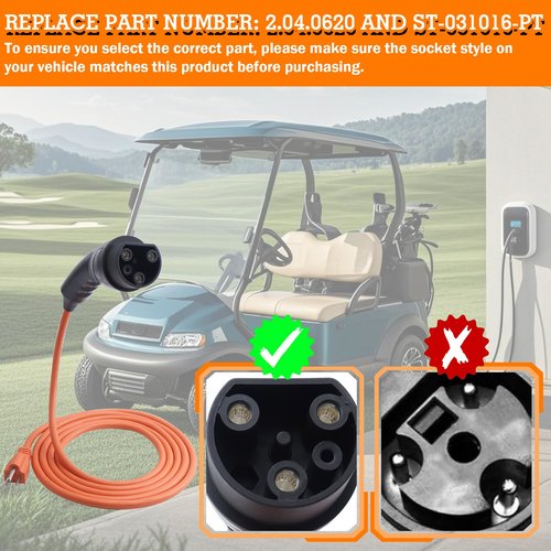 2.04.0620 EV Golf Cart Charging Power Cord Compatible with Evolution ICON EV Golf Carts 120V 3 Pin Charge Cable Assembly Replacement# ST-031016-PT