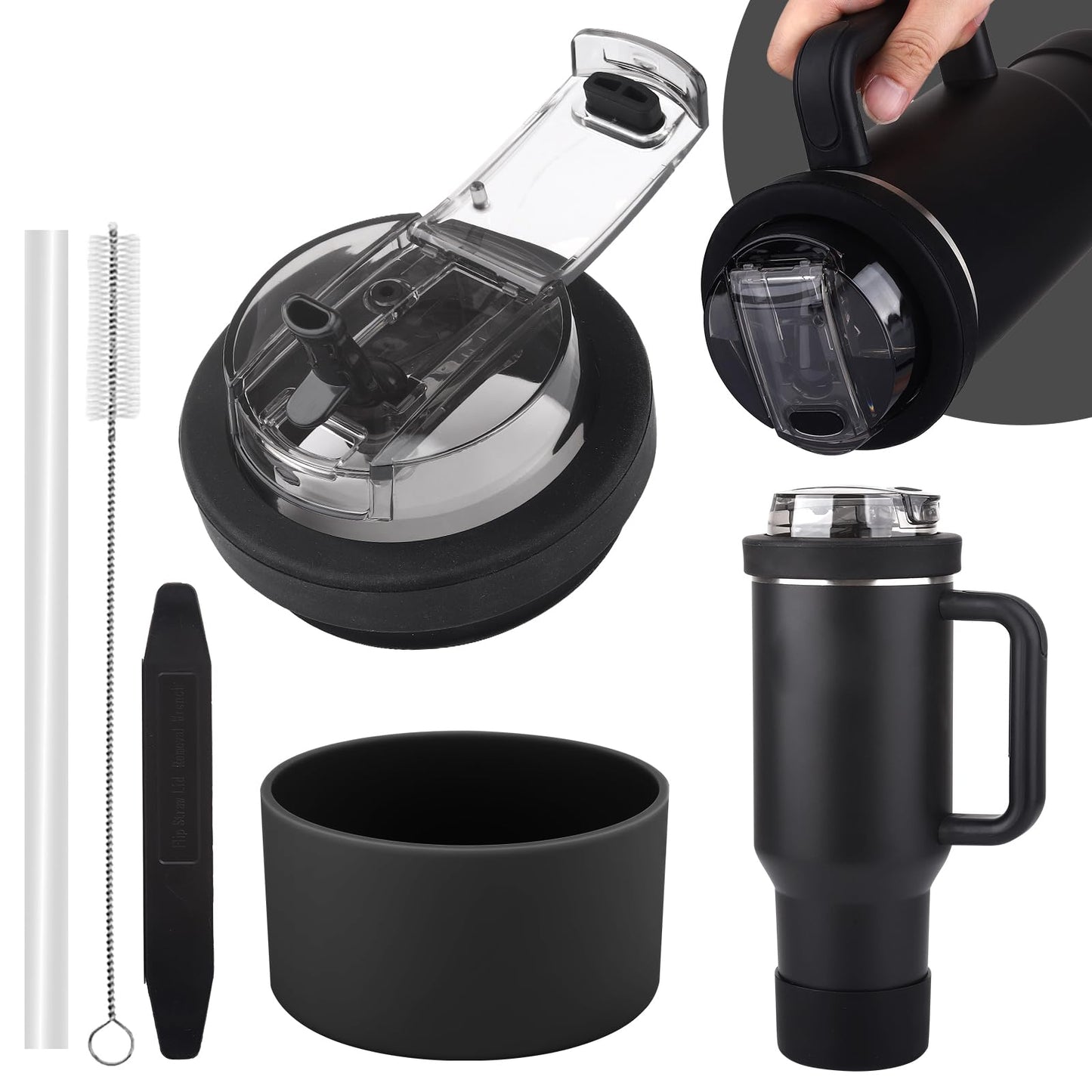 Wututir Cup Lid Replacement for 40 Oz Stanley Tumbler,Flip Straw Lid with Double Drinking Mouth, Cleaning Brush and Cup Boot 、Leakproof & Dustproof Cover for Stanley Cup Accessories (Black, 40)