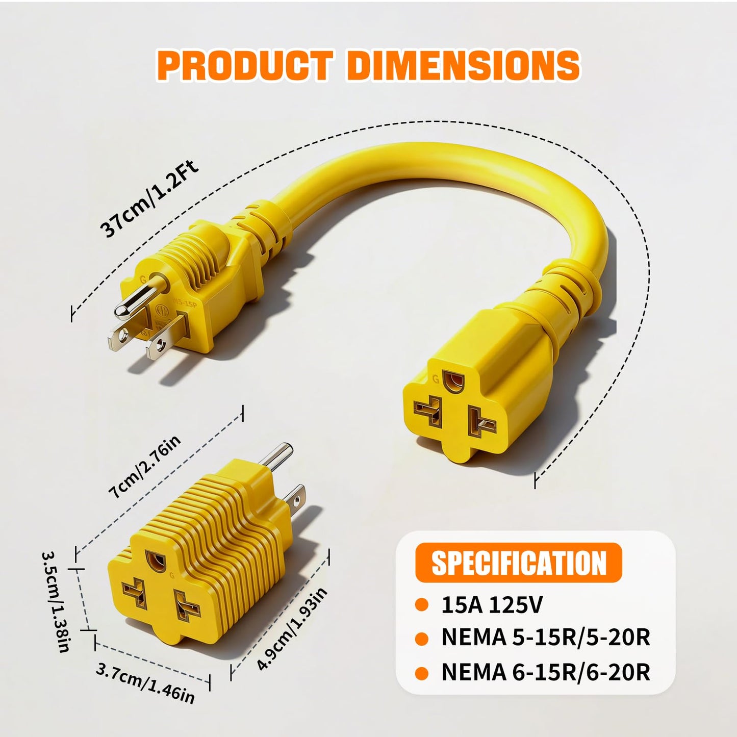 4-in-1 15 Amp to 20 Amp -1ft Extension Cable&Power Adapter， T Blade Adapter - 5-15P to 5-20R, 6-15R, 6-20R，12AWG AC Power Plug Adapter Cable