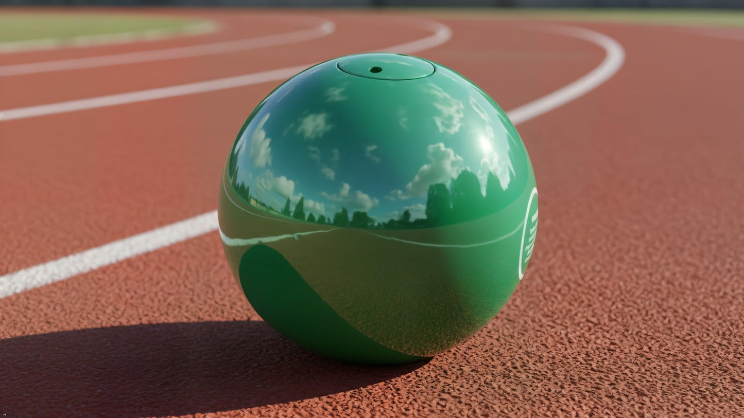 RT Green 4k turned iron shot put. Skillfully made. Meets all IAAF specifications. Lathe turned to 103mm. Regularly seen in top competition. Increase your personal record with this proven medal winner.