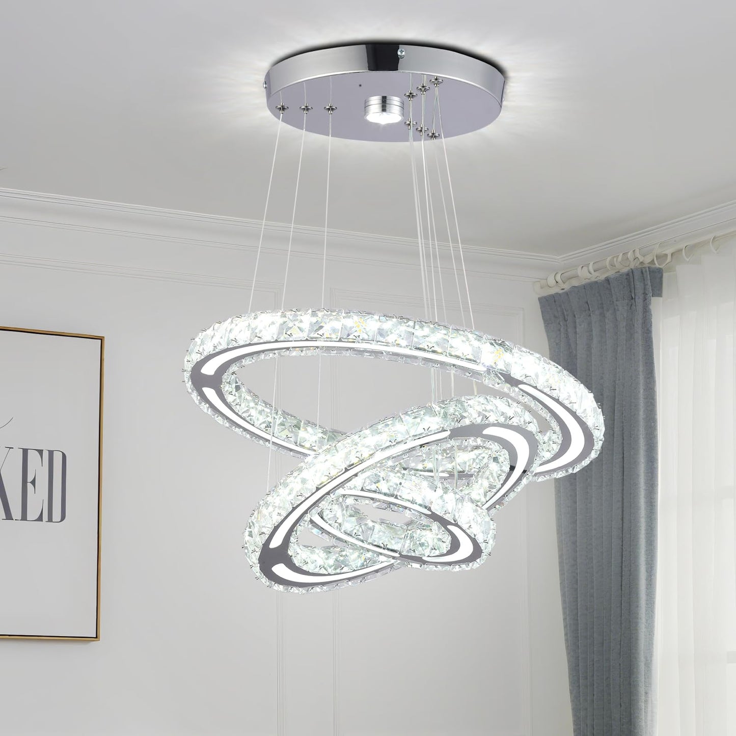 FRIXCHUR LED Chandeliers Crystal Chandelier Modern Ceiling Light Fixture 3 Ring Adjustable Pendant Light Chandelier for Bedrooms Living Room Dinning Room (Cool White)