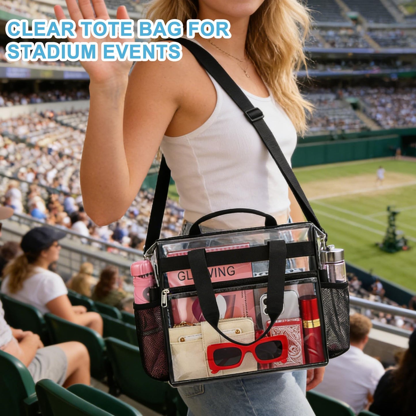 Busiuw Clear Bag for Stadium Events Approved 12x6x12 - Clear Tote Bag Sports Fan Tote Bag with Reinforced Strap for Sport Festival Work Game Day