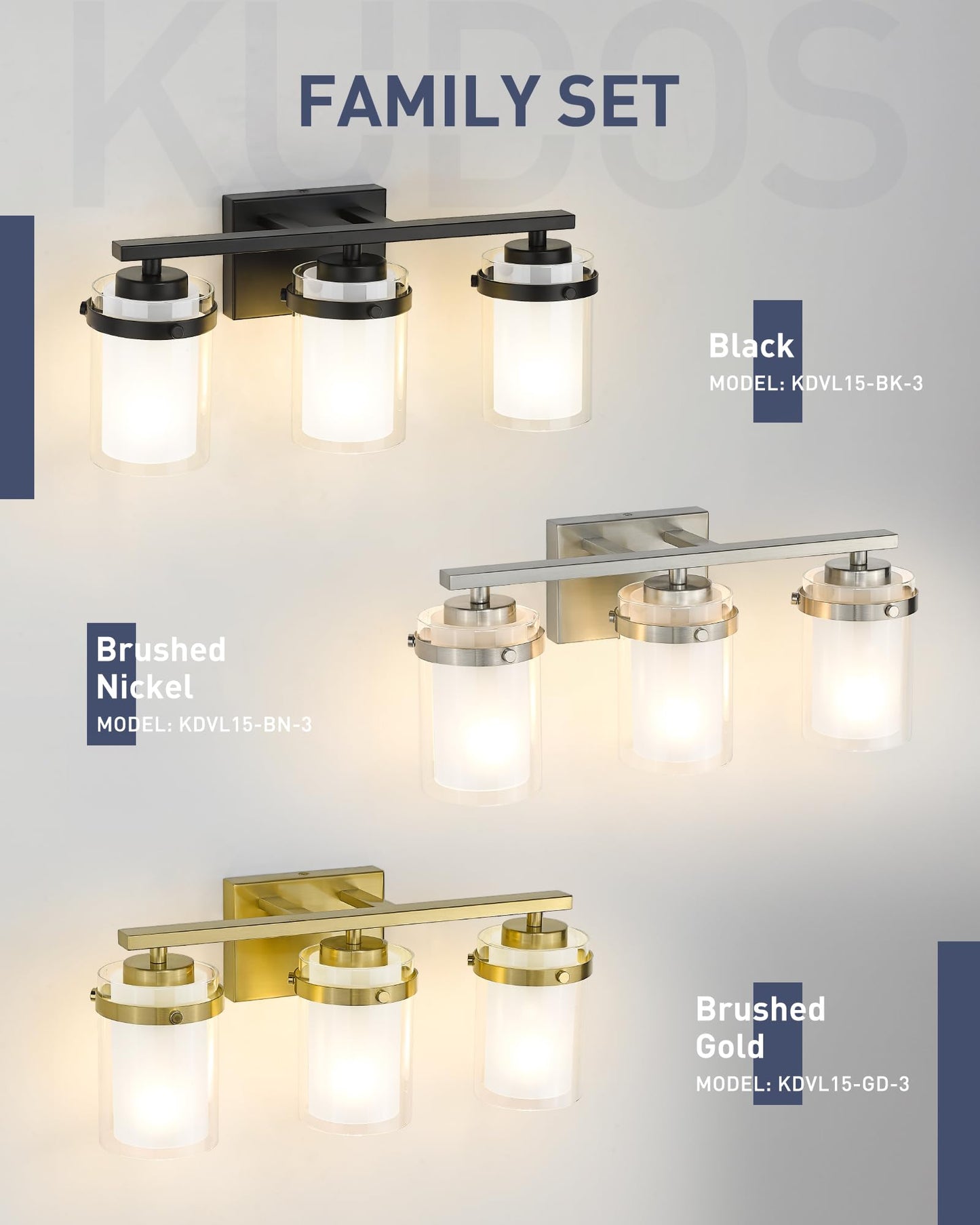 kudos 3-Light 18-inch Bathroom Light Fixtures Over Mirror, Brushed Nickel Vanity Lights with Dual Glass Shade, Wall Sconce, Modern Vanity Lights for Bathroom, Hallway, KDVL15-BN-3