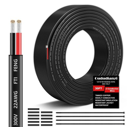 22 Gauge Wire - 2 Conductor Electrical Wire | Flexible 12V Tinned Copper Cable (30FT/9M)