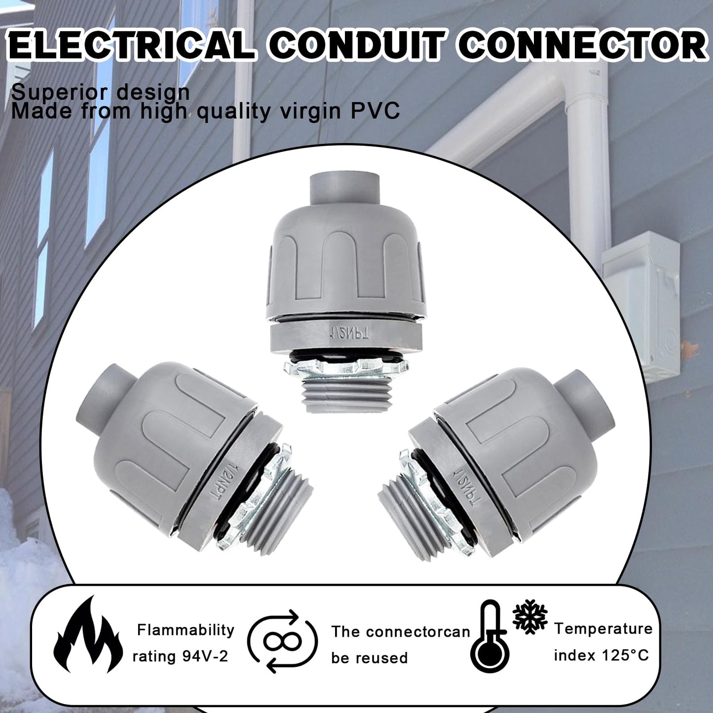 1/2 inch Liquid Tight Connector PVC Flexible Conduit Connector, UL Listed Conduit Fittings 100 Pack (50 pcs 180D/50pcs 90D)
