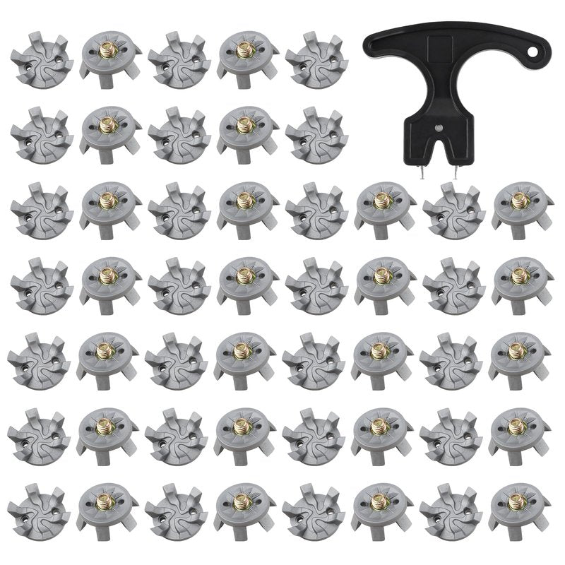 51PCS Golf Shoe Spikes Set, 50 Golf Shoe Cleats with 1 Black Spanner, 6 mm Metal Thread Screw, for Use on Lawns or Course(Grey)