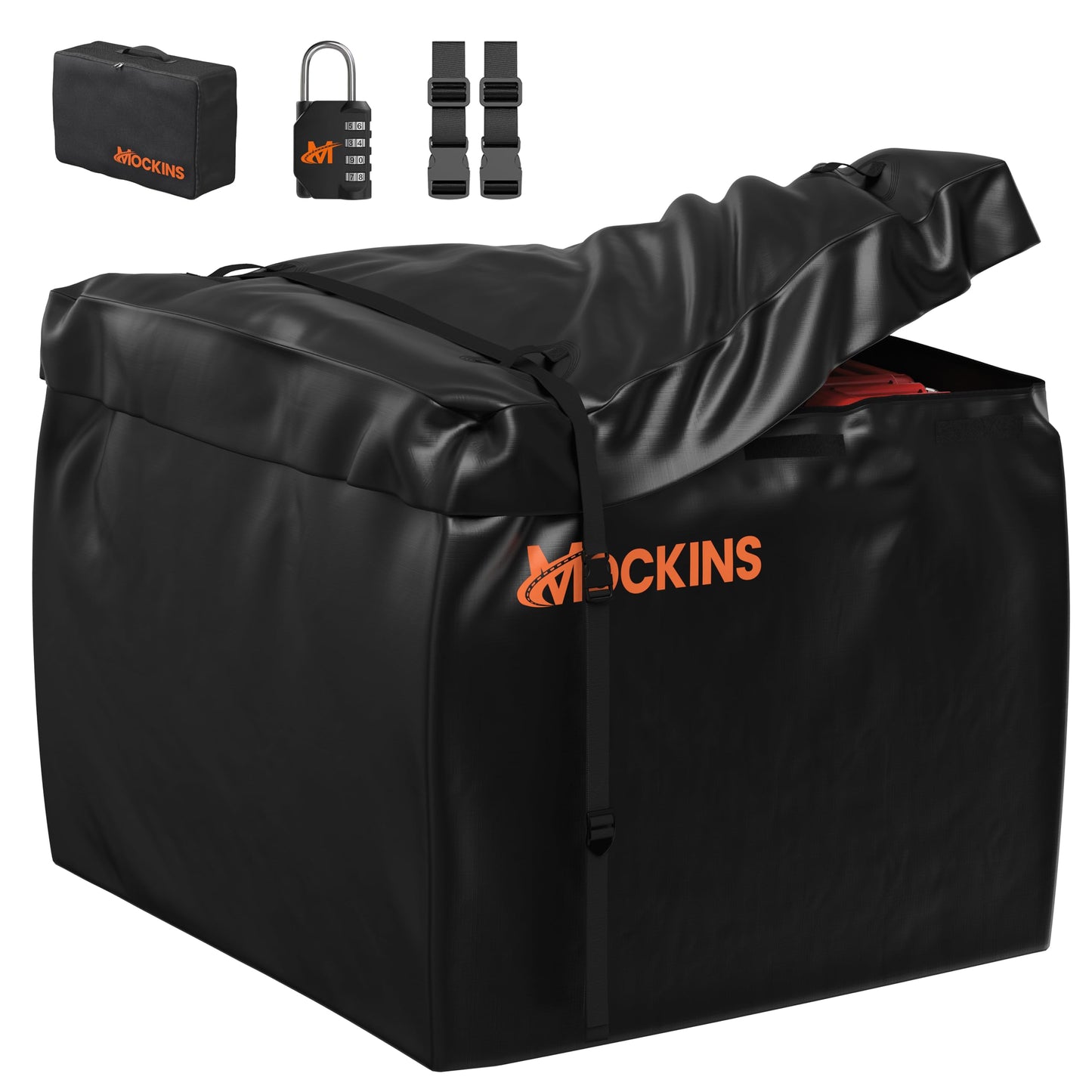 Mockins 30 CuFt Square Trailer Hitch Cargo Carrier Bag | 40"x40"x32" 500D PVC Weatherproof Cargo Bag for Hitch Carrier | Versatile Waterproof Truck Bed Storage Set w/Buckle Straps, Lock & Carry Bag