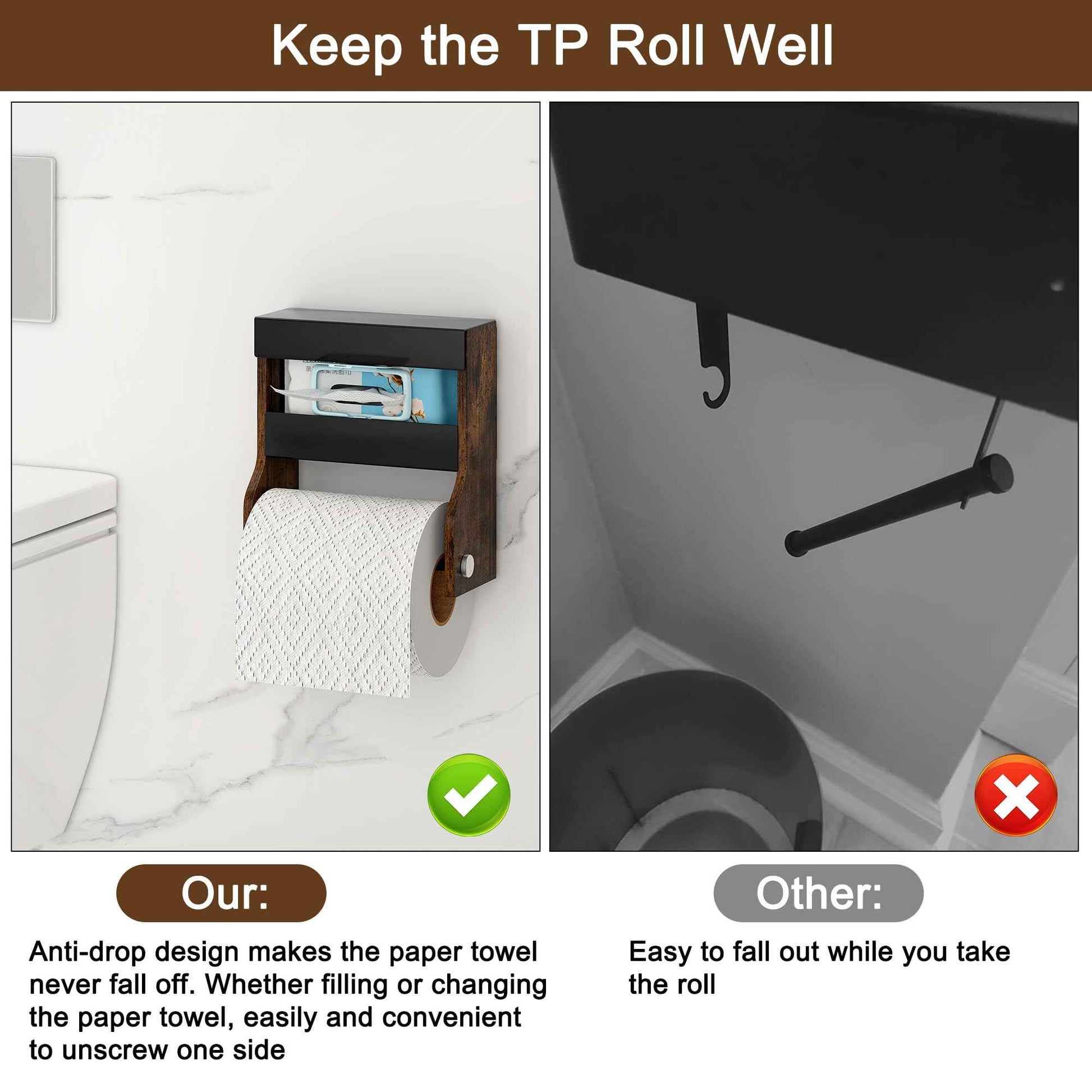 TQVAI Toilet Paper Roll Holder Wall Mounted Self Adhesive No Drill Magnetic Toilet Paper Storage with Wipes Holder for Bathroom, Restroom, Kitchen, Regular Super Double Mega Roll - Vintage/Black