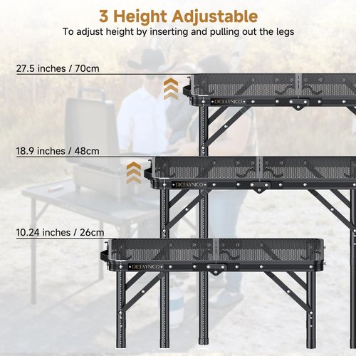 Diceaynico Folding Camping Table, 22" x 15" Picnic Table with 3 Adjustable Height Max 27.5", Matte Black Aluminum Folding Table with Handle for Party, Dining, Garden, Patio, Market