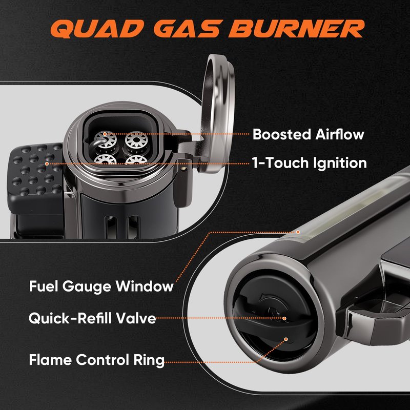 KOACKL Torch Lighter, Refillable Windproof Adjustable Quad Jet Flame Butane Lighter for Candle Grill BBQ Camping Fireworks, 2 Pack (No Fuel Included)