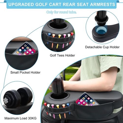 iLSKW Golf Cart Rear Armrest with Cup Holder, No Drilling Required Golf Cart Armrest for Round Tube Armrest 1 1/4 Size, Fits Advanced EV Golf Cart Rear Seat Round Frame 1 1/4"