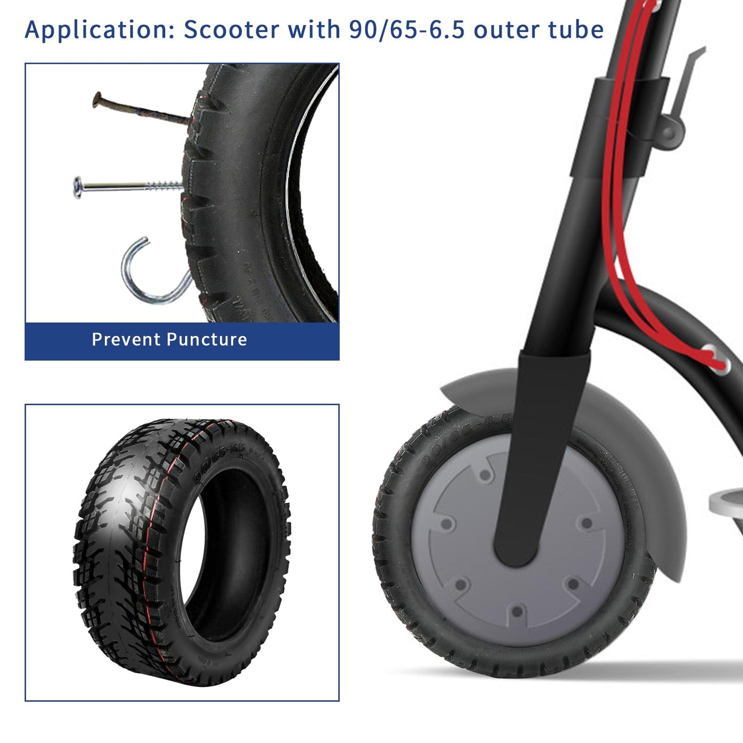 Electric Scooter Tire for Scooter with 90/65-6.5 Outer Tube Scooter Vacuum Tyre Rubber Thickened Anti Slip Explosion Proof 11 Inch Electric Scooter Tubeless Tire