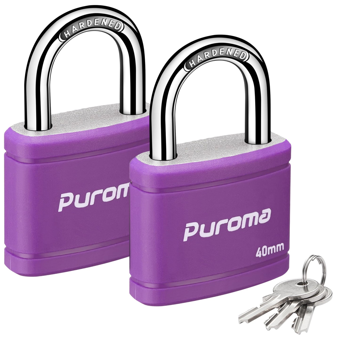 Puroma 2 Pack Keyed Padlock with 3 Keys Alike, 1.1 Inch Locker Lock 40mm Heavy-Duty Locks for Gate Fence Hasp Cabinet Toolbox School Gym Locker (Purple)