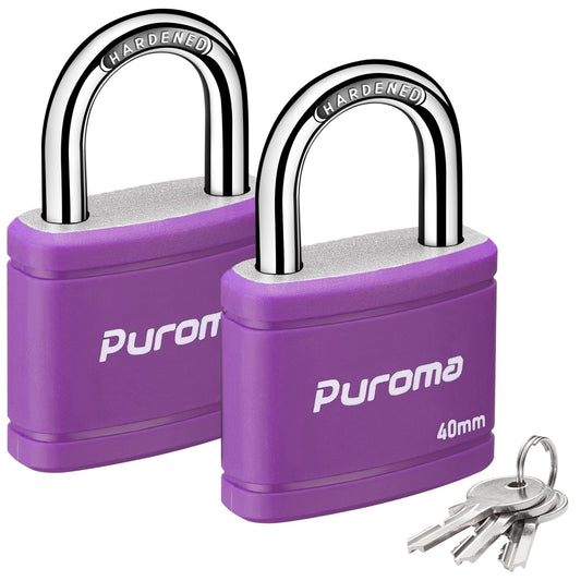Puroma 2 Pack Keyed Padlock with 3 Keys Alike, 1.1 Inch Locker Lock 40mm Heavy-Duty Locks for Gate Fence Hasp Cabinet Toolbox School Gym Locker (Purple)