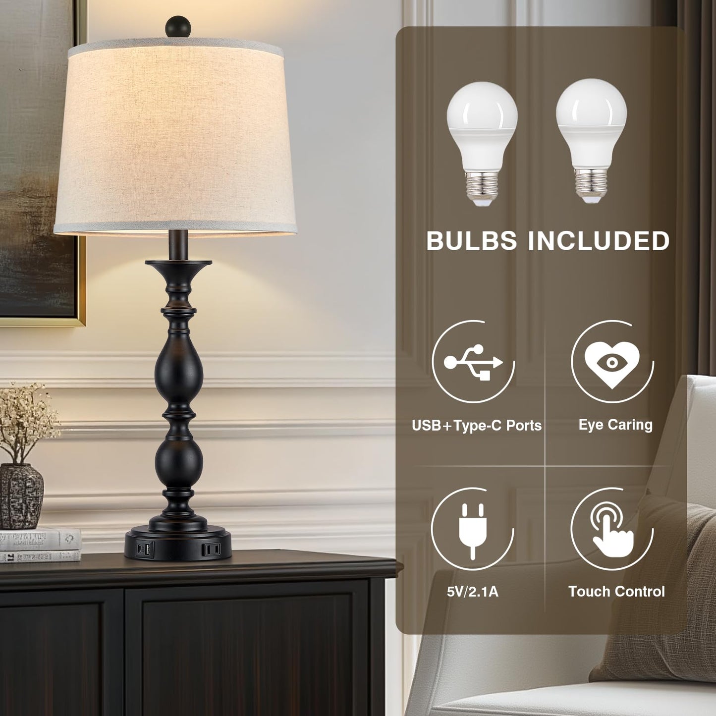 MOUVOVO 28" Tall Modern Table Lamps Set of 2 with USB C+A Ports and AC Outlet, 3 Way Touch Metal Bedside Lamps for Living Room, Black Farmhouse Nightstand Lamps for Bedroom