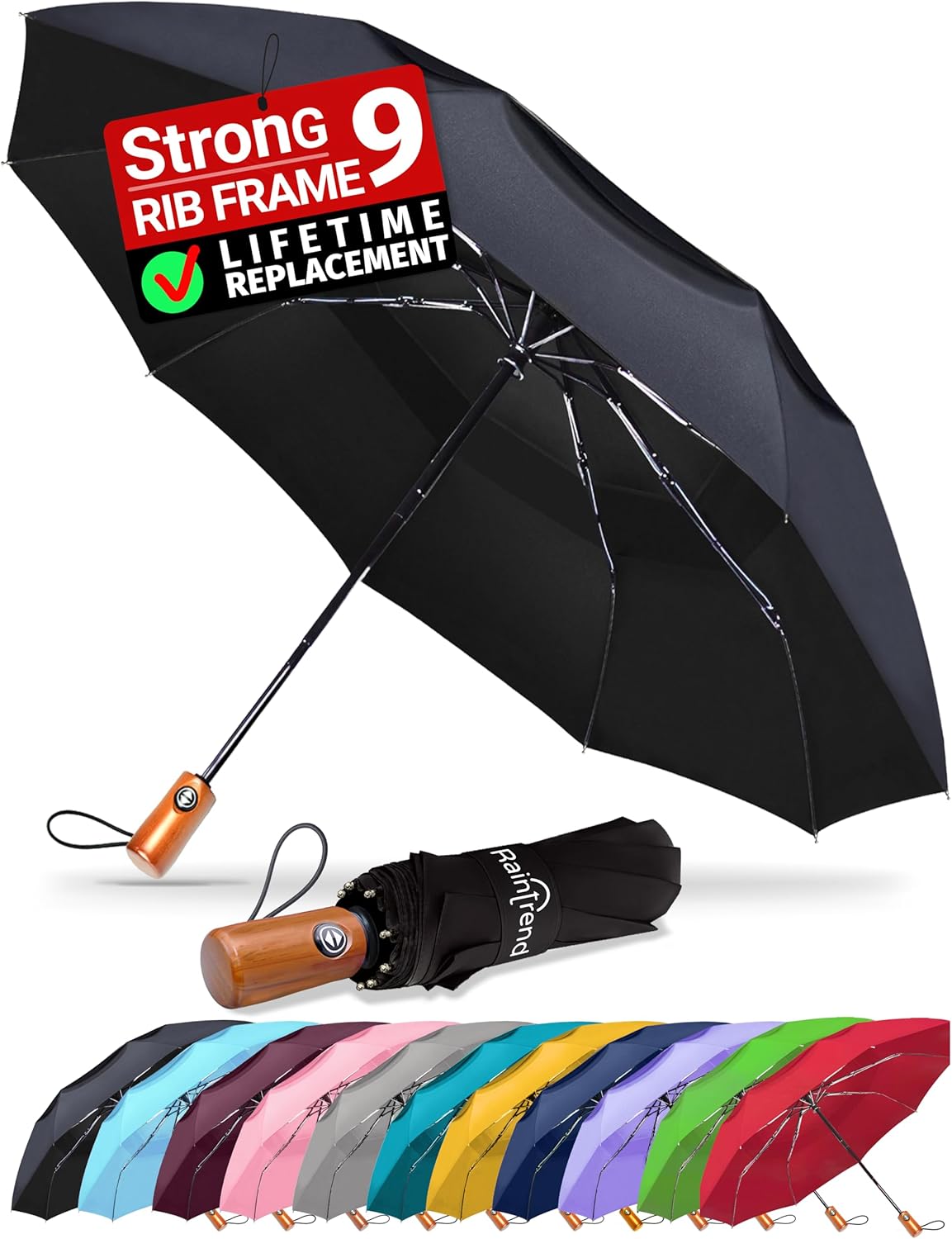 Raintrend Windproof Travel Umbrella - Automatic +10% Bigger Canopy, Strong Frame, Compact & Portable for Men & Women