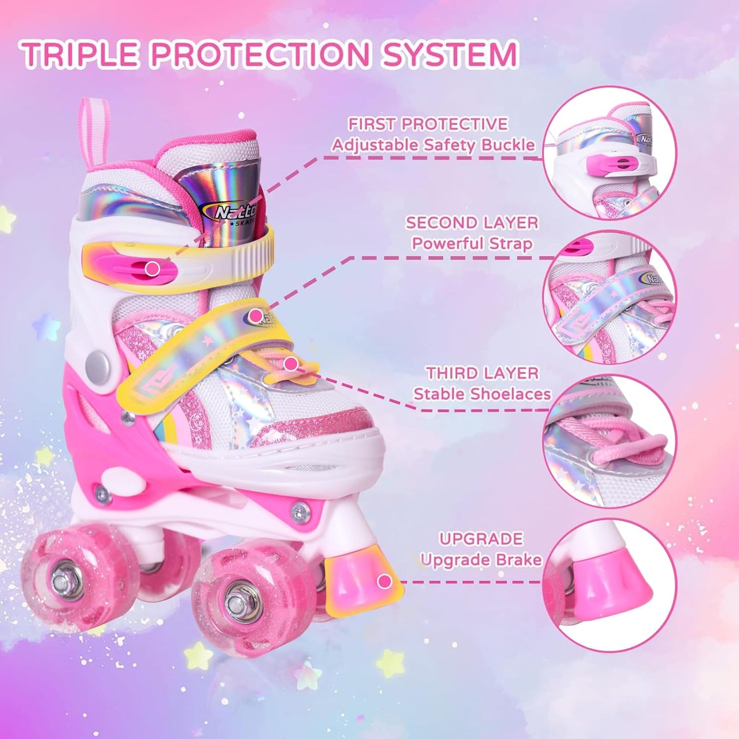 Nattork Girls Roller Skates - Adjustable Rainbow Quad Skates with Light-Up Wheels | Perfect Birthday Gift