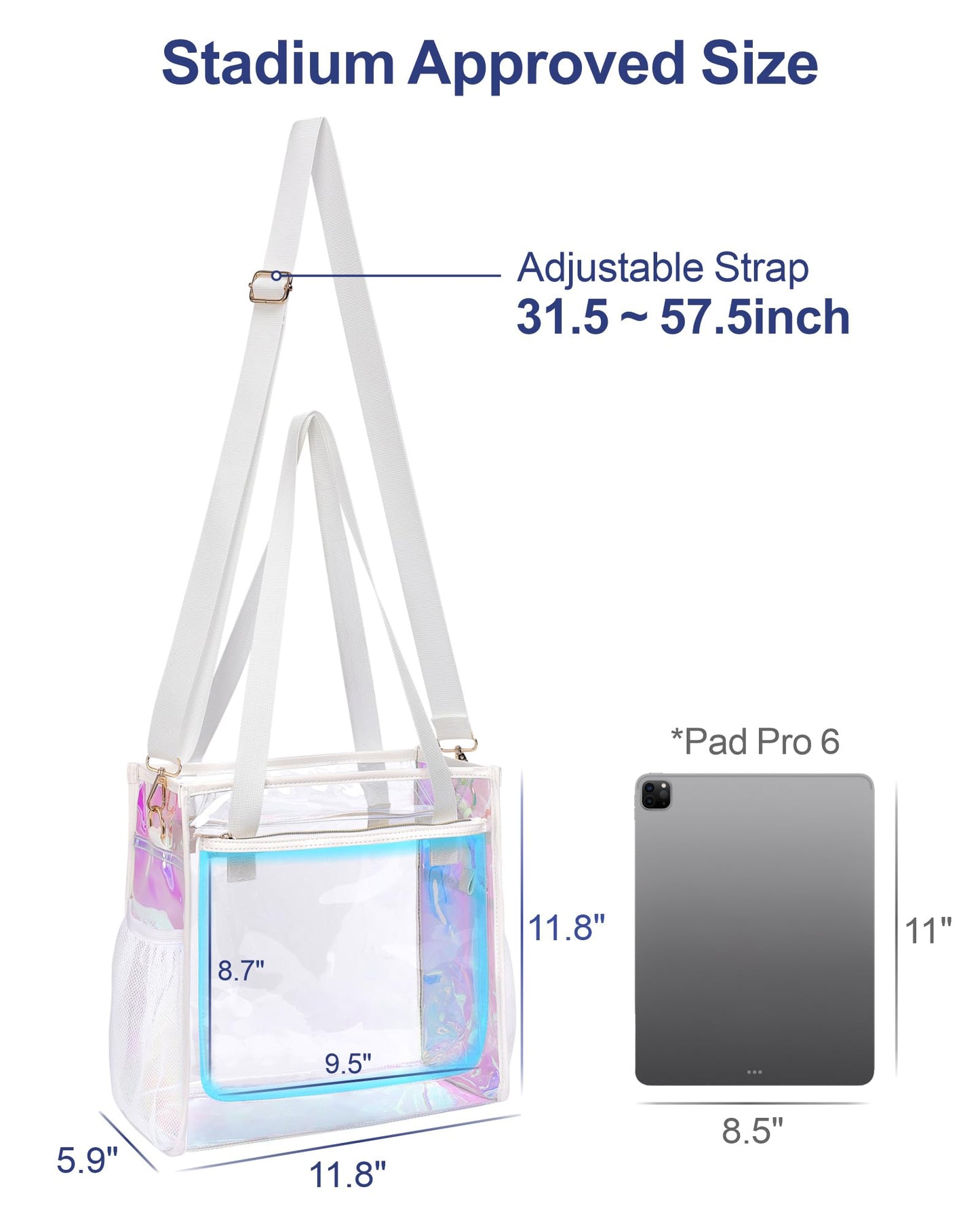 PACKISM Holographic Clear Tote Bag Stadium Approved - Clear Bag for Women 12×6×12 inch for Work Stadiums Concerts Events Quickly Pass, Iridescent White