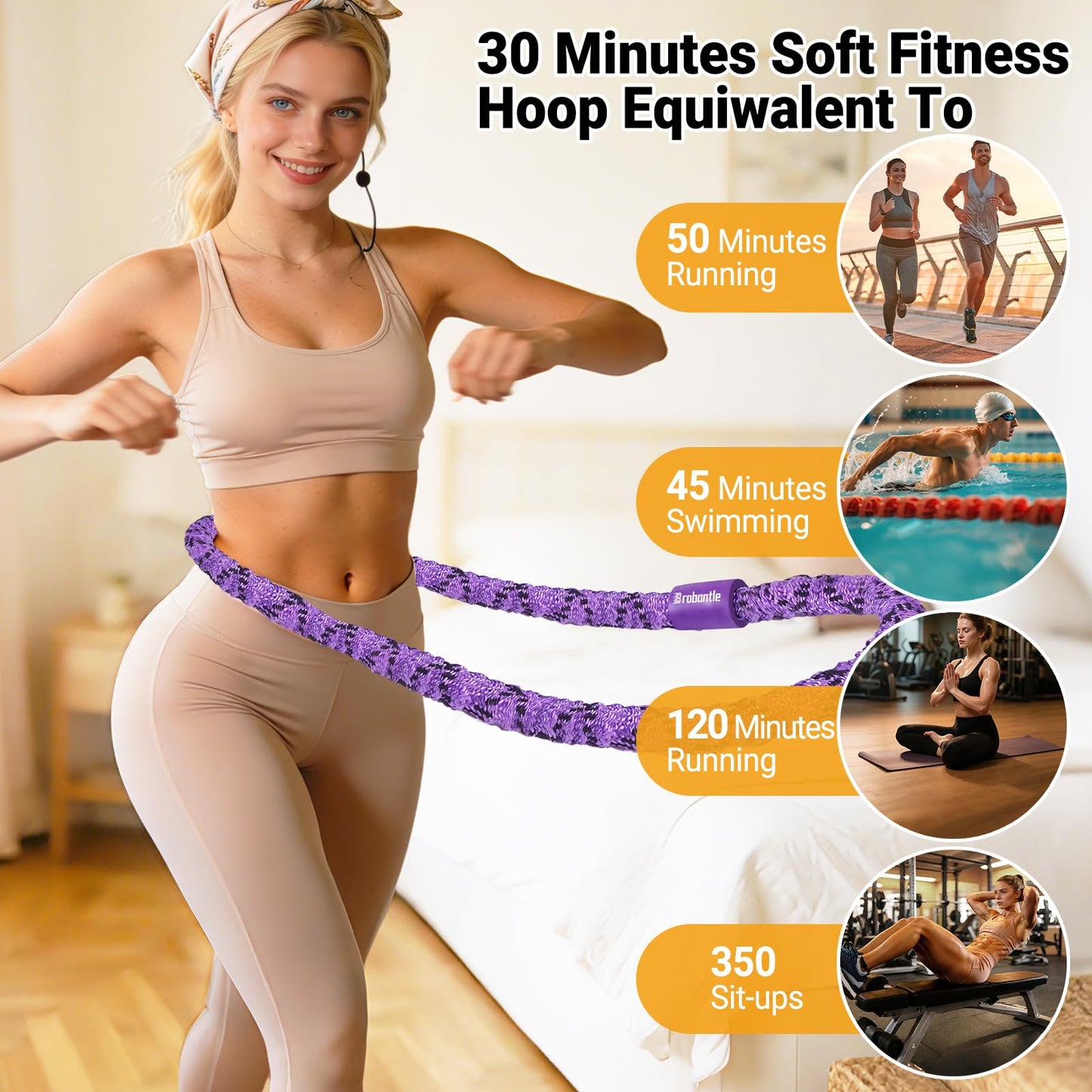 Brobantle Soft Fitness Spring Hoop for Women Weight Loss, 3.3 lbs Weighted Exercise Infinity Hoop, Foldable and Portable Hula Circle Hoops for Home Travel (Purple)