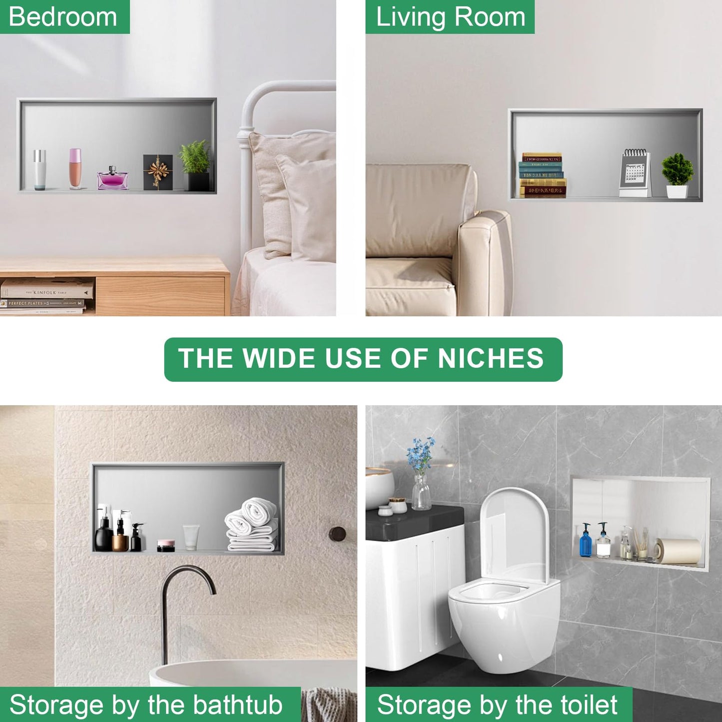 SaniteModar Shower Niche, Stainless Steel Shower Niche 12" X 24" No Tile Needed, Recessed for Bathroom Storage, Brushed Silver (Brushed Silver, 12x24)