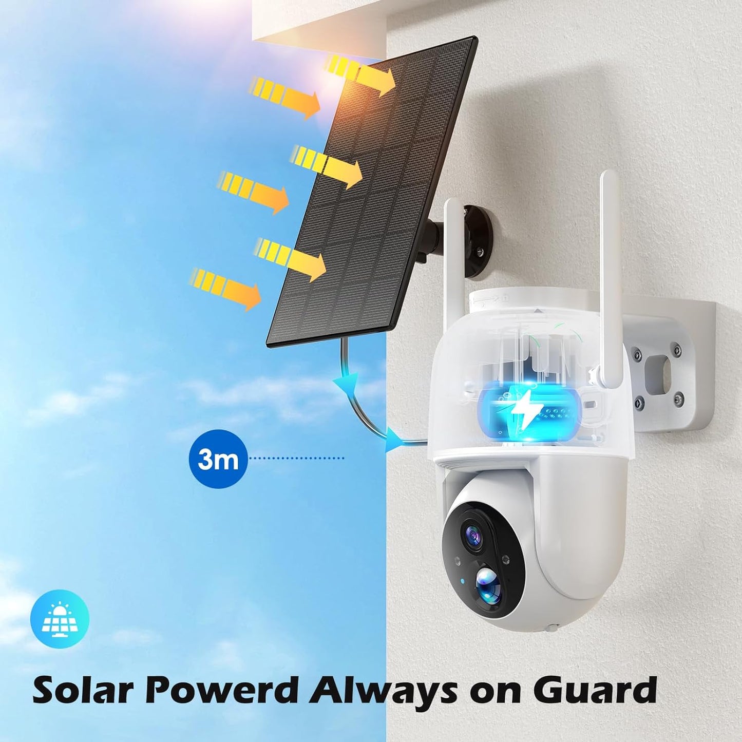 Wireless Solar Security Camera 2K 3MP PTZ - 355° View, Color Night Vision, IP65 Waterproof