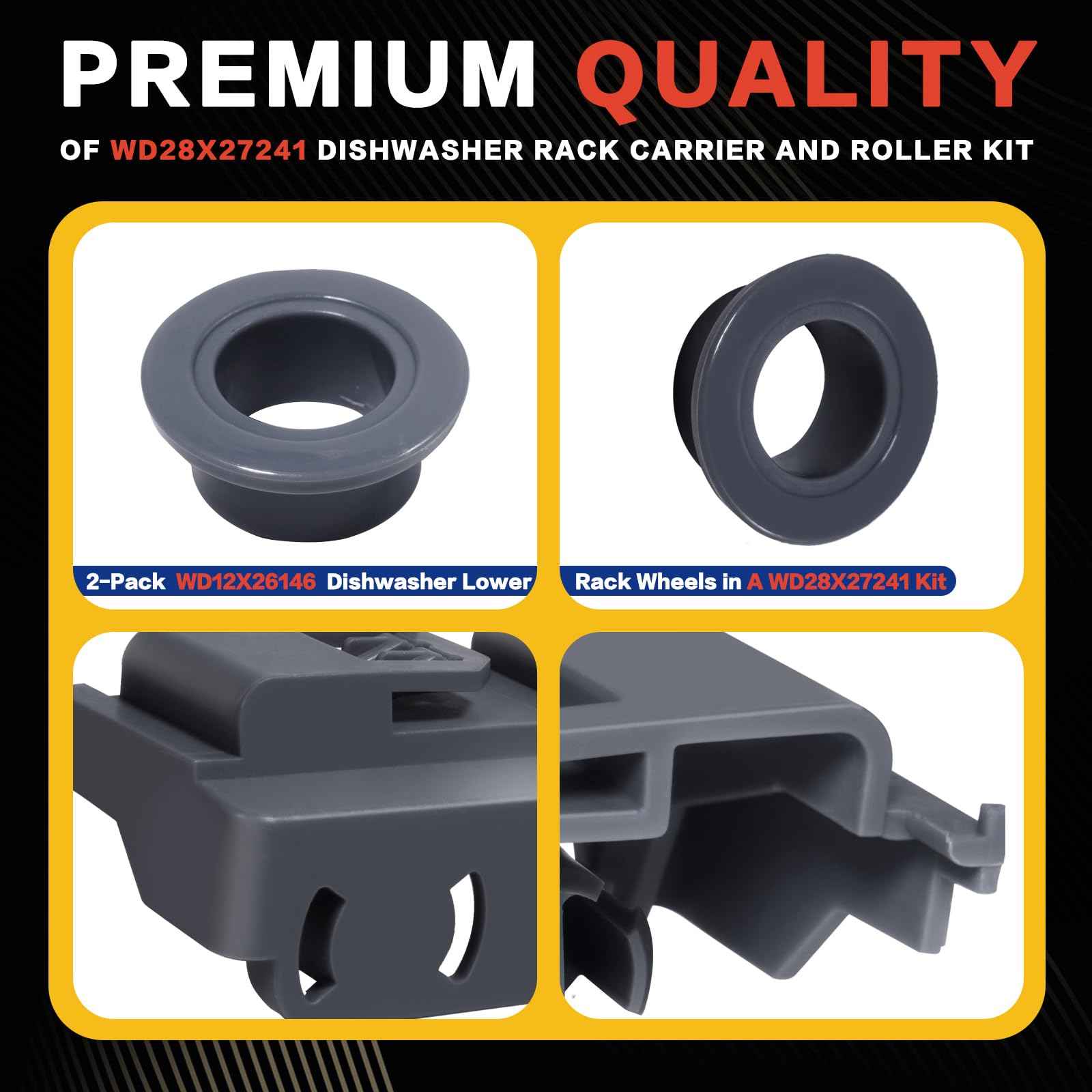 4 Pack WD28X27241 Dishwasher Rack Carrier and Roller Kit,Replacement Fit for G.E,Hot-point,Hai-er Dishwasher Lower Rack Wheels Assembly, Fit with Both Left and Right Side,Replace WD12X10447 WD12X10446