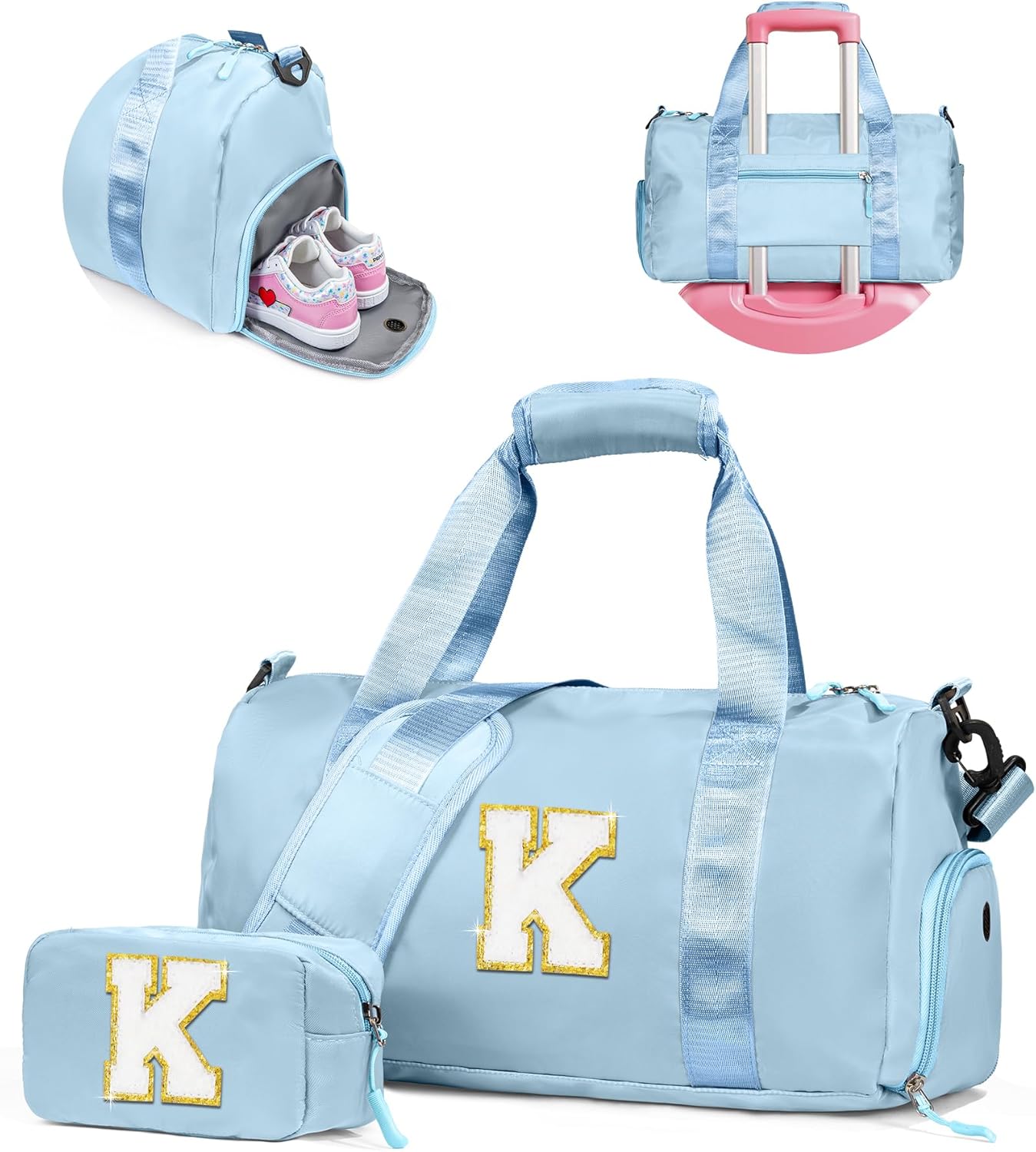 Skiennix Girls Gym Bag - Personalized Weekender Tote with Shoe Compartment & Makeup Pouch (Letter K)