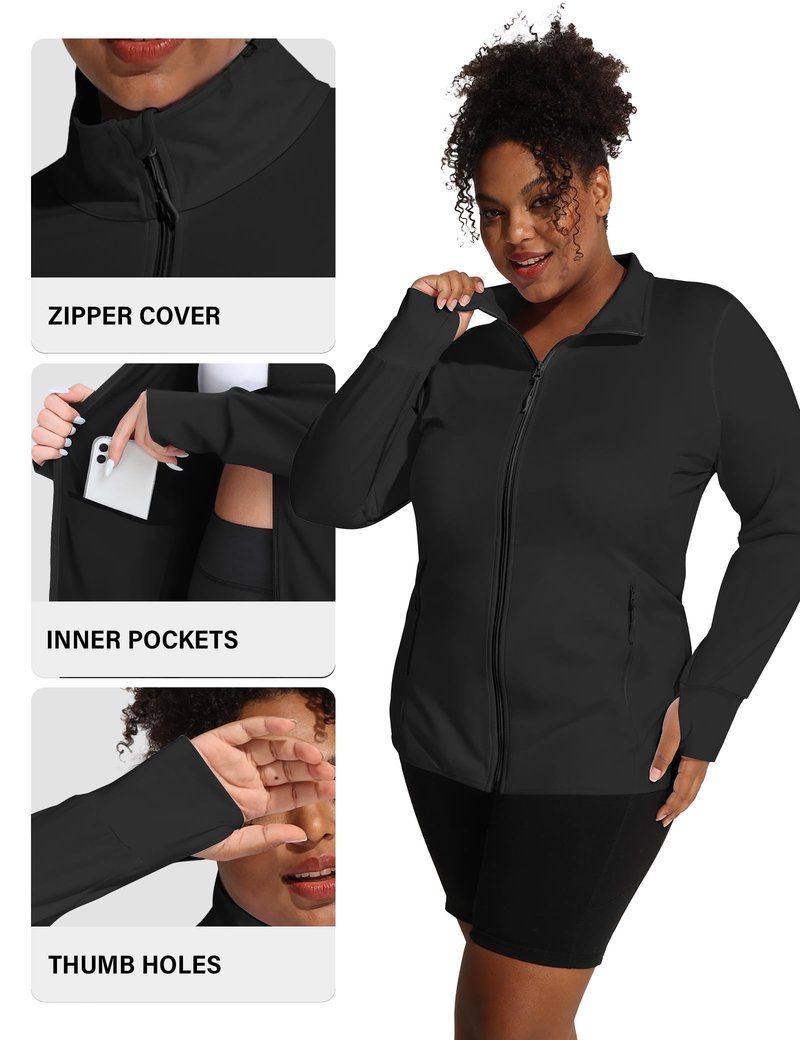 COOTRY Women's Plus Size Athletic Jackets Zip Up Lightweight Workout Running Track Jackets with Thumb Holes Black 2XL
