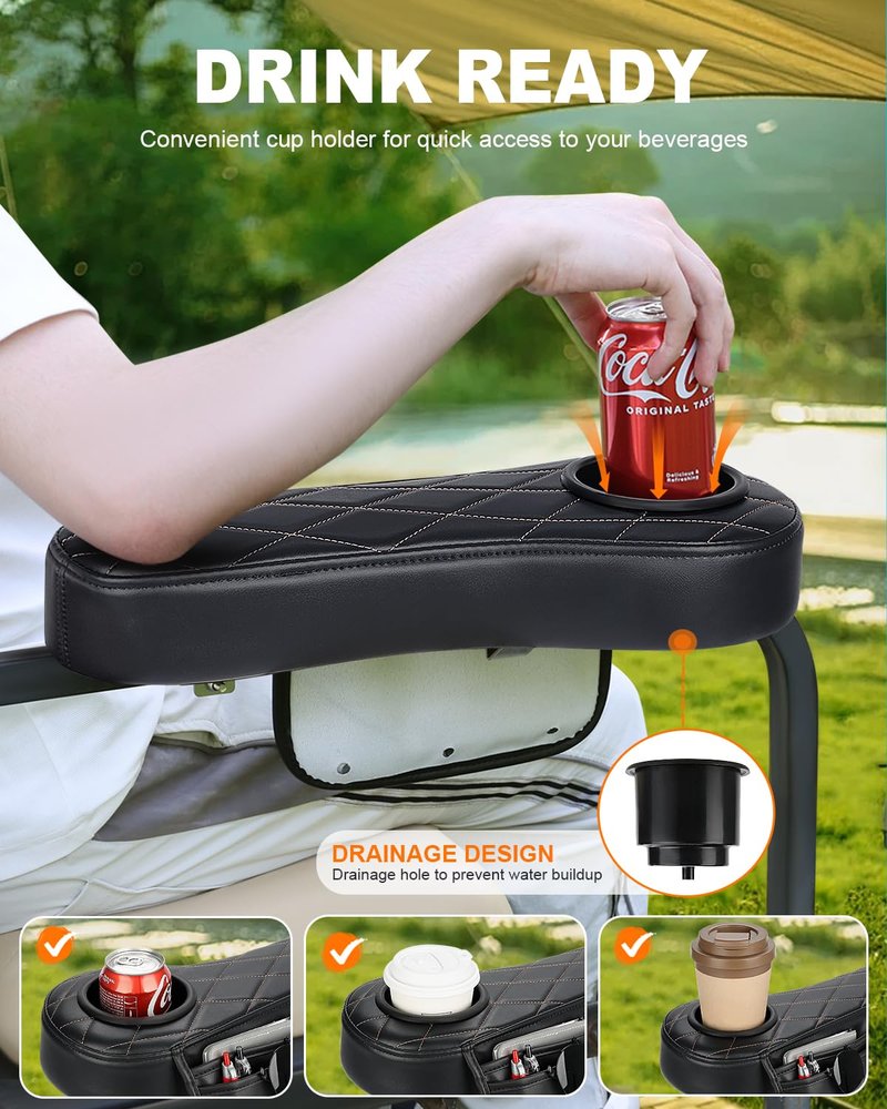 SKYJDM Golf Cart Armrest with Cup Holder & Rear Seat Organizer, No Drilling Golf Cart Diamond Arm Rest Fits 1" Square Tube Frame Compatible with EZGO Club Car Yamaha, Enhanced Storage & Comfort