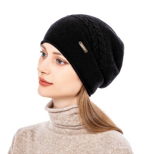 QUEENFUR Knit Slouchy Beanie Hats for Women Cashmere Ski Cap Knitted Wool Soft Warm Winter Hat (B02A-Black)
