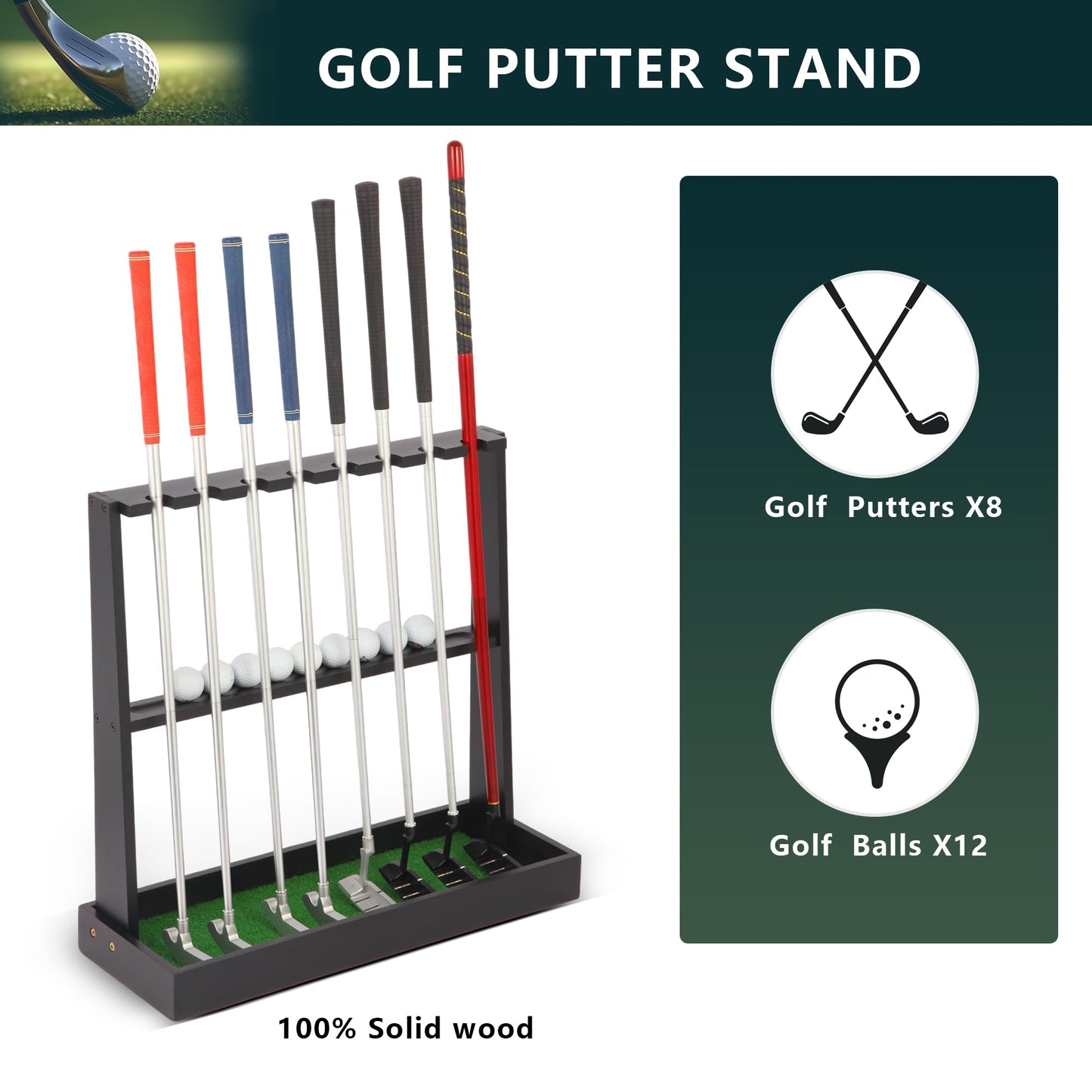 Xnwouco Golf Putter Stand, Golf Club Holder Stand Floor Display Rack - Holds 8 Clubs & 12 Balls with Artificial Grass Base, Wood Outdoor Golf Club Organizer for Indoor, Home, Office, Golf Club, Black
