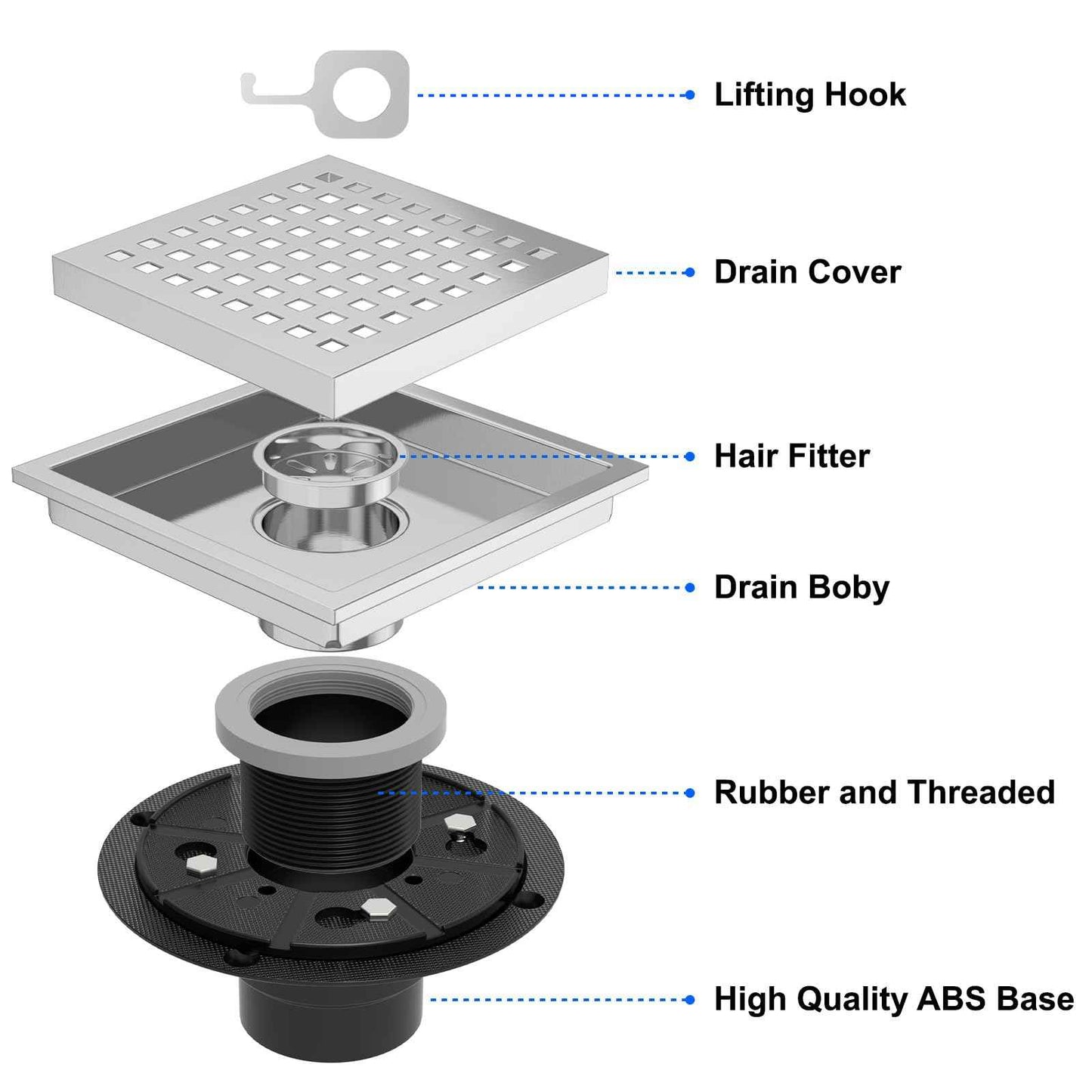 Premium 6 Inch Square Shower Floor Drain with Flange - Quadrato Pattern Removable Grate, Brushed Nickel Food-Grade SUS 304 Stainless Steel