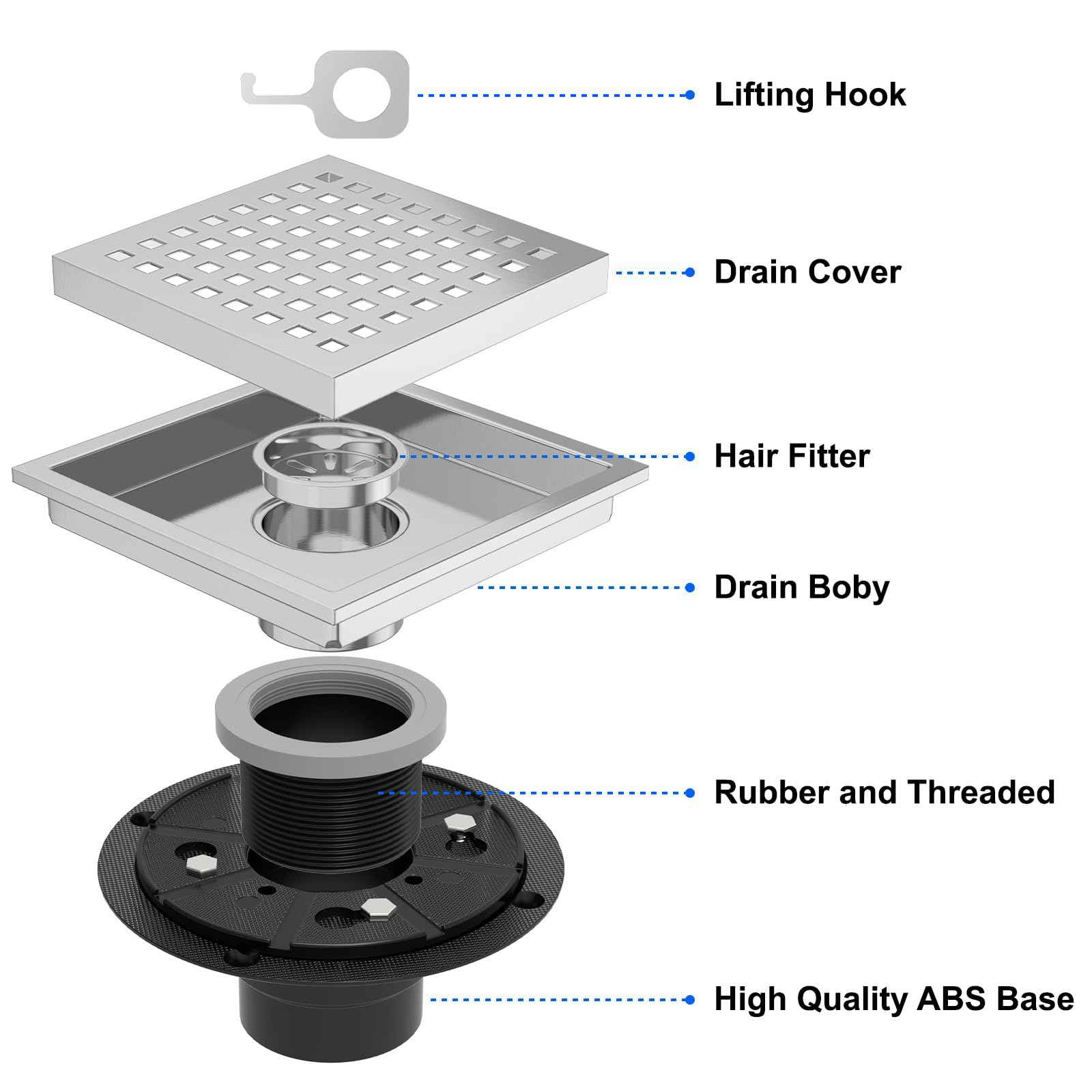 Premium 6 Inch Square Shower Floor Drain with Flange - Quadrato Pattern Removable Grate, Brushed Nickel Food-Grade SUS 304 Stainless Steel