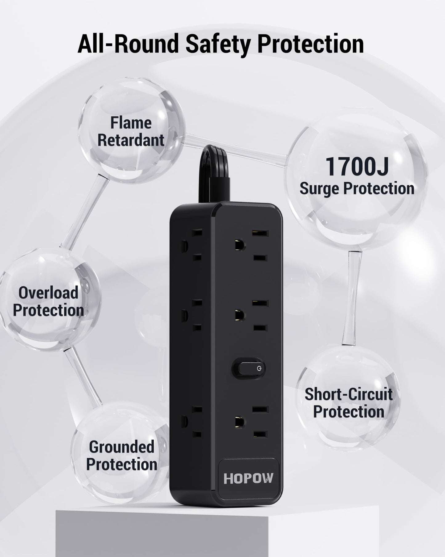 HOPOW Surge Protector Power Strip, 10 Ft Power Strip with 9 Widely AC Outlets, 1700 Joules, Wall Mount 3-Side, Ultra Thin Flat Plug Extension Cord for Travel Home Office College Dorm, Black