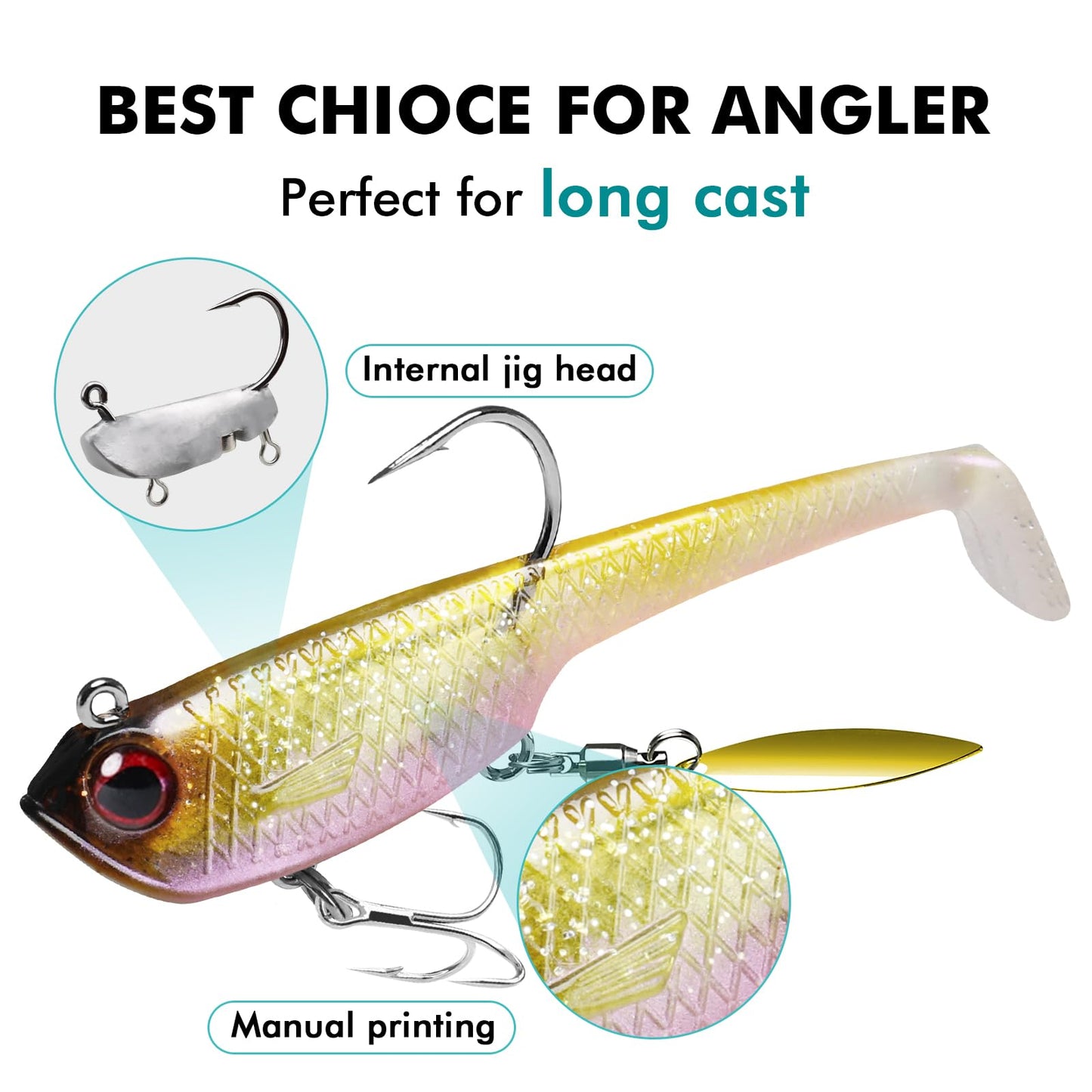 TRUSCEND Shadtale Soft Fishing Lures with BKK Hooks – Easy Catch: Trembly Sinking and Vibrating Swim for More Bites, Paddle Tail Spinner Swimbait for Bass, Trout, Crappie, Walleye, Great Fishing Gear