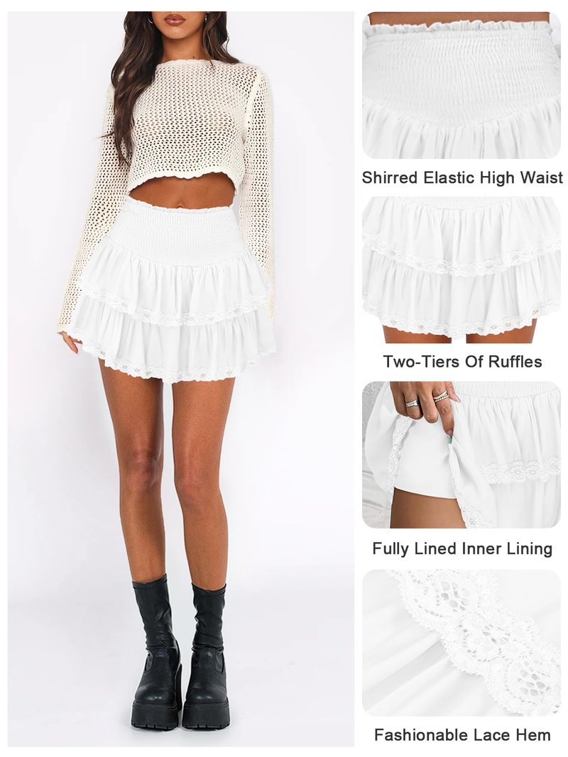 Pungdra Womens Casual Ruffle Mini Skirt Athletic Golf Tennis Skort Boho Tiered High Waist Layered Ruffle Lace Hem Flowy Short Skirts White Medium