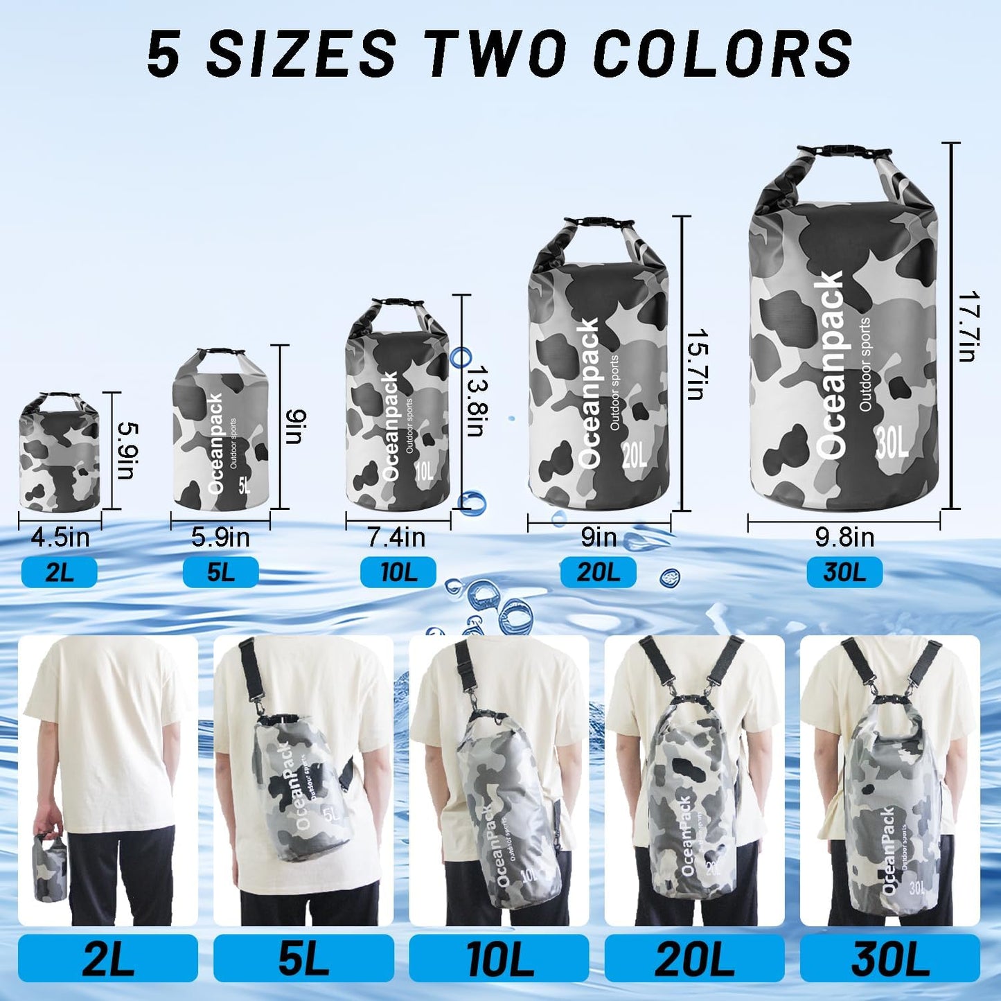 Skiennix Waterproof Dry Bag - Versatile Dry Sack for Kayaking, Rafting, and Beach Use | 2L/5L/10L/20L/30L Sizes