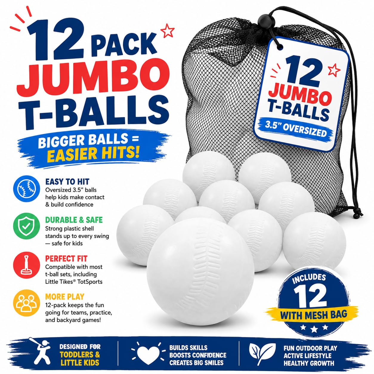 Liberty Imports 12 PCS Toddler & Little Kids Replacement T Ball Baseball Balls - Jumbo Plastic T-Balls with Mesh Bag, 3.5-inch Oversized Tballs for Totsports T-Ball Set, Softball, Training