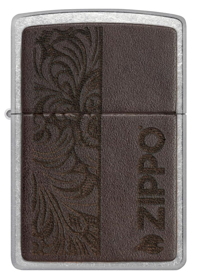 Zippo Brown Leather Emblem Design Street Chrome Pocket Lighter