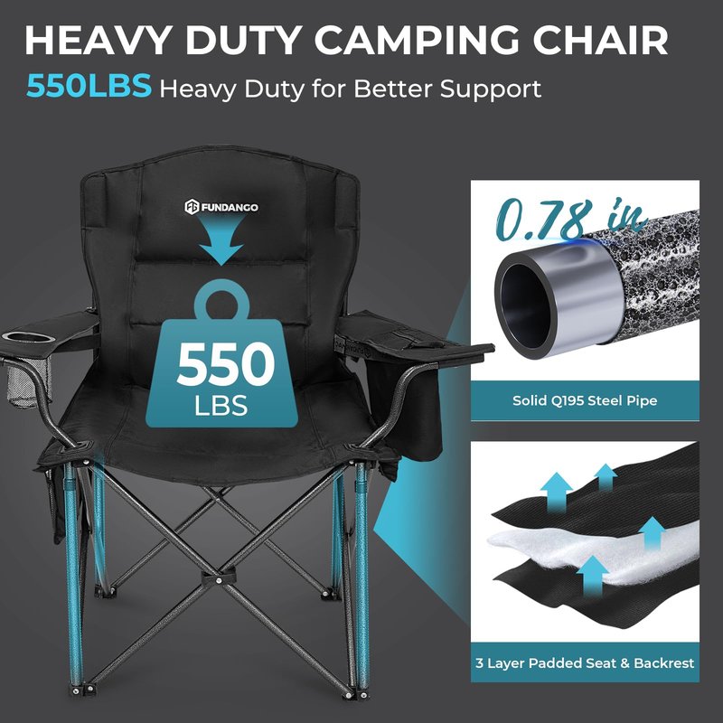 FUNDANGO Oversized Camping Chair for Adults, Heavy Duty Portable Foldable Lawn Chair with Padded Seat & Back, Lumbar Support, 4-can Cooler & Cup Holder, Carry Bag Included for Outdoor